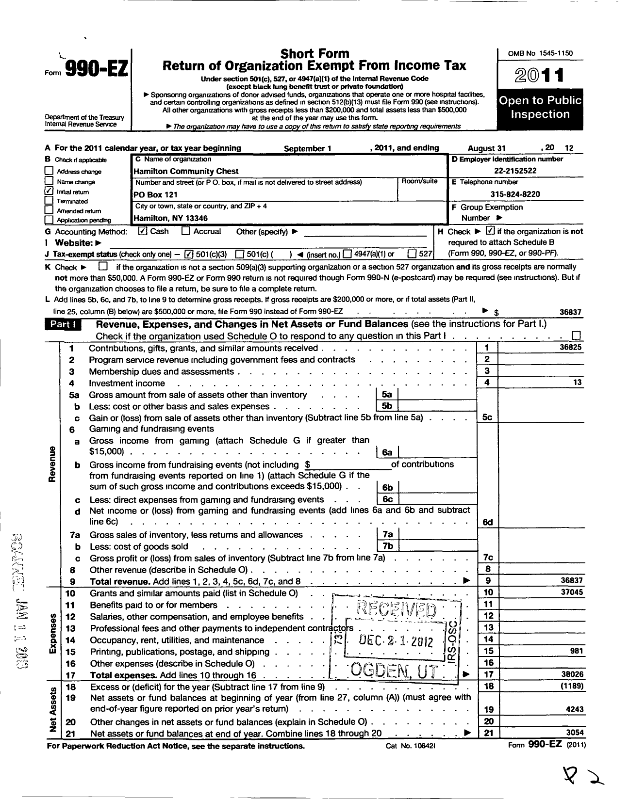 Image of first page of 2011 Form 990EZ for Hamilton Community Chest