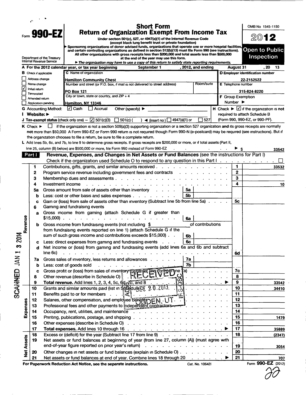 Image of first page of 2012 Form 990EZ for Hamilton Community Chest