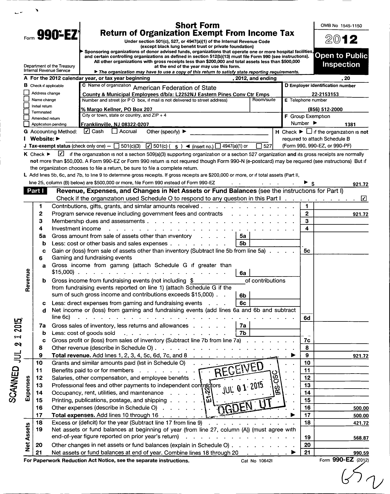 Image of first page of 2012 Form 990EO for American Federation of State County & Municipal Employees - L2252NJ E Pines & Egg Harbor Care C