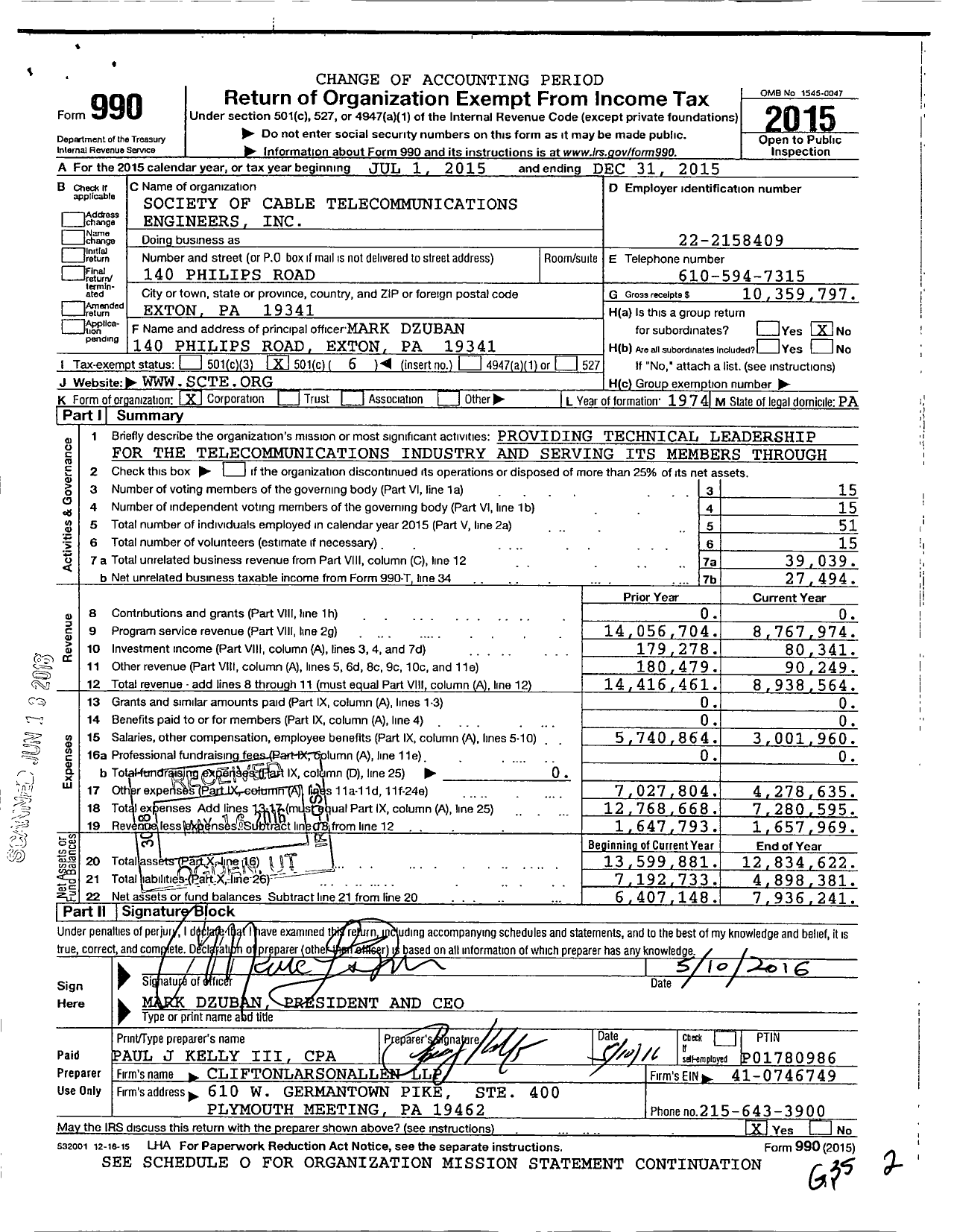 Image of first page of 2015 Form 990O for Society of Cable Telecommunications Engineers (SCTE)