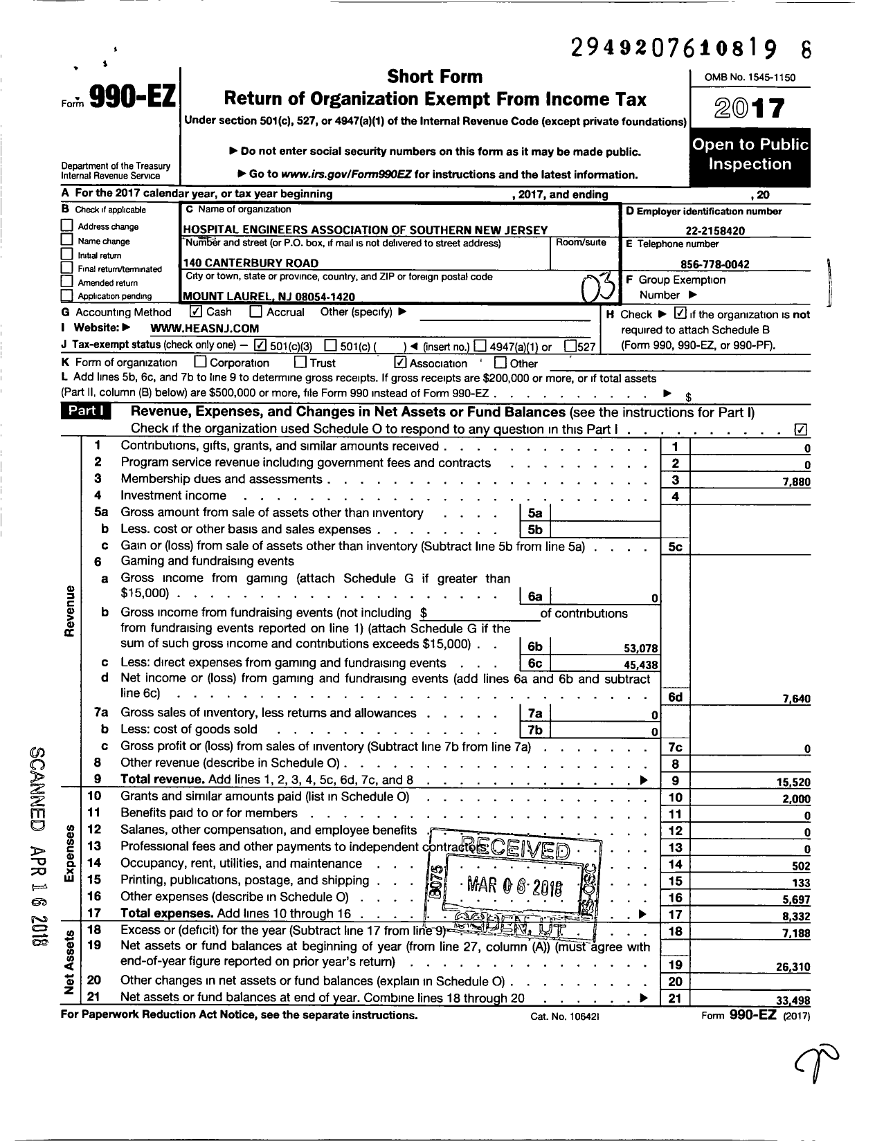 Image of first page of 2017 Form 990EZ for Hospital Engineers Association of Southern New Jersey