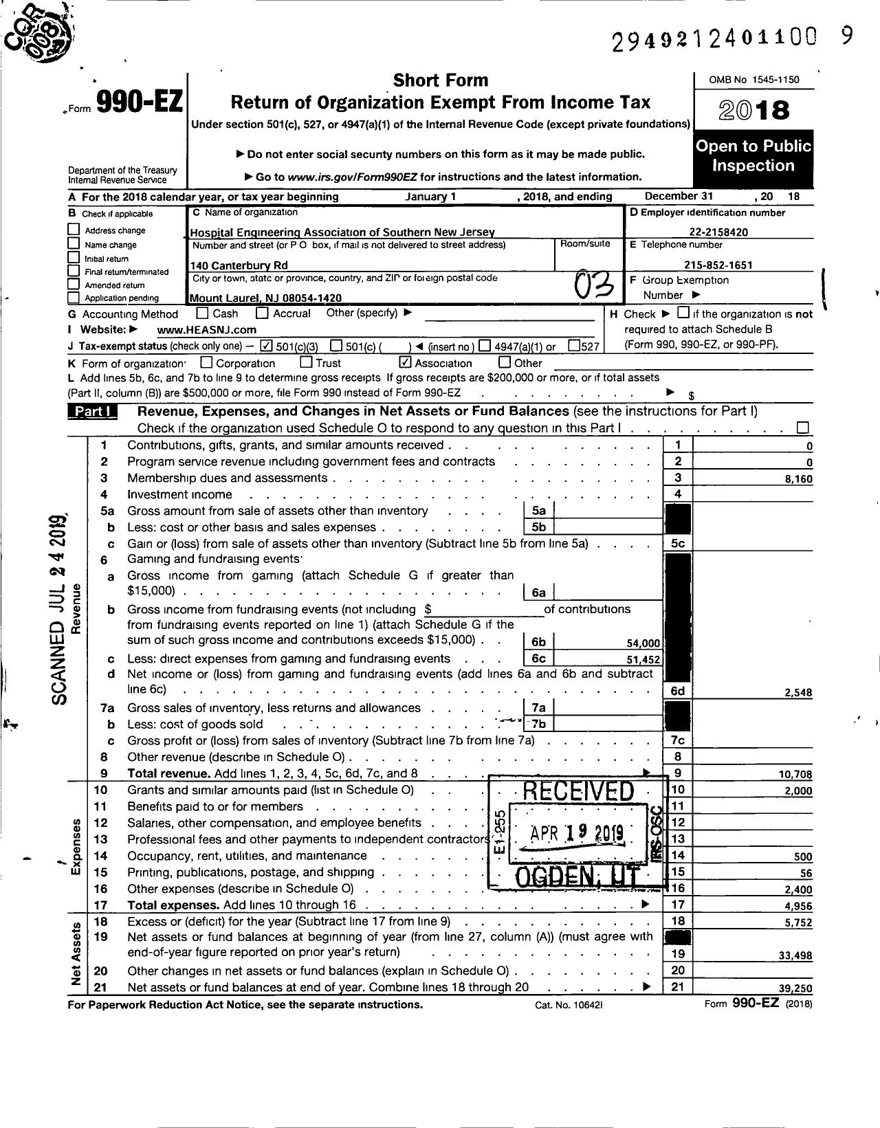 Image of first page of 2018 Form 990EZ for Hospital Engineers Association of Southern New Jersey