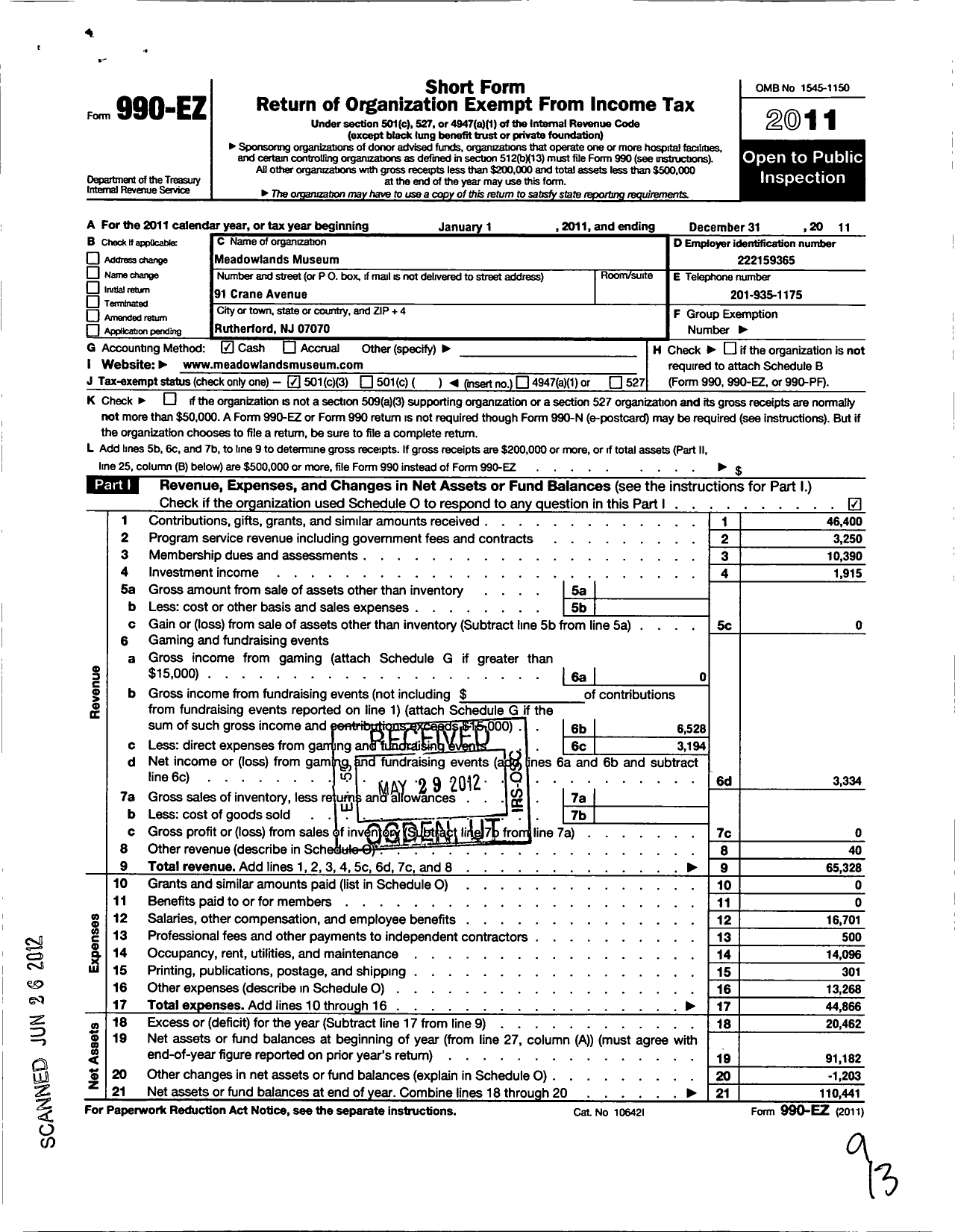 Image of first page of 2011 Form 990EZ for Meadowlands Museum