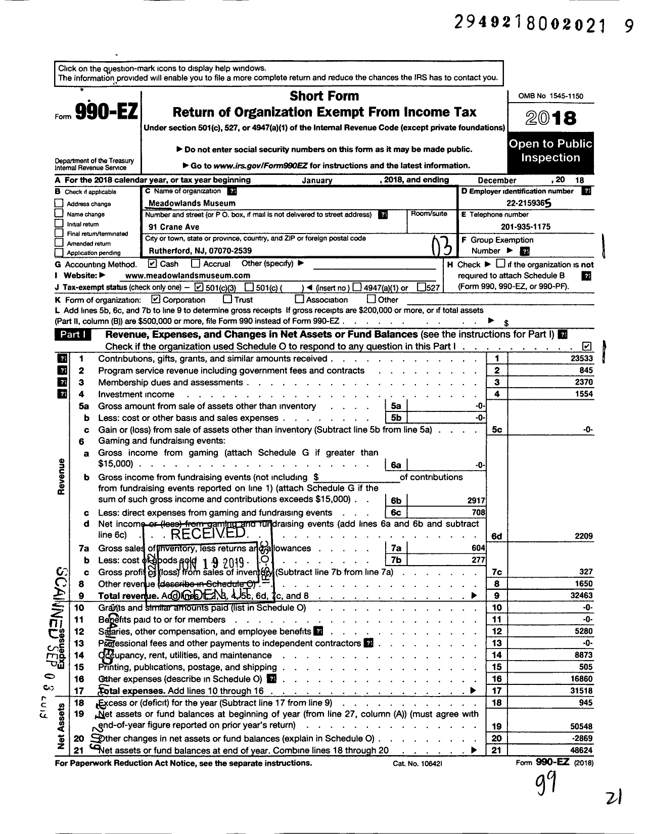 Image of first page of 2018 Form 990EZ for Meadowlands Museum