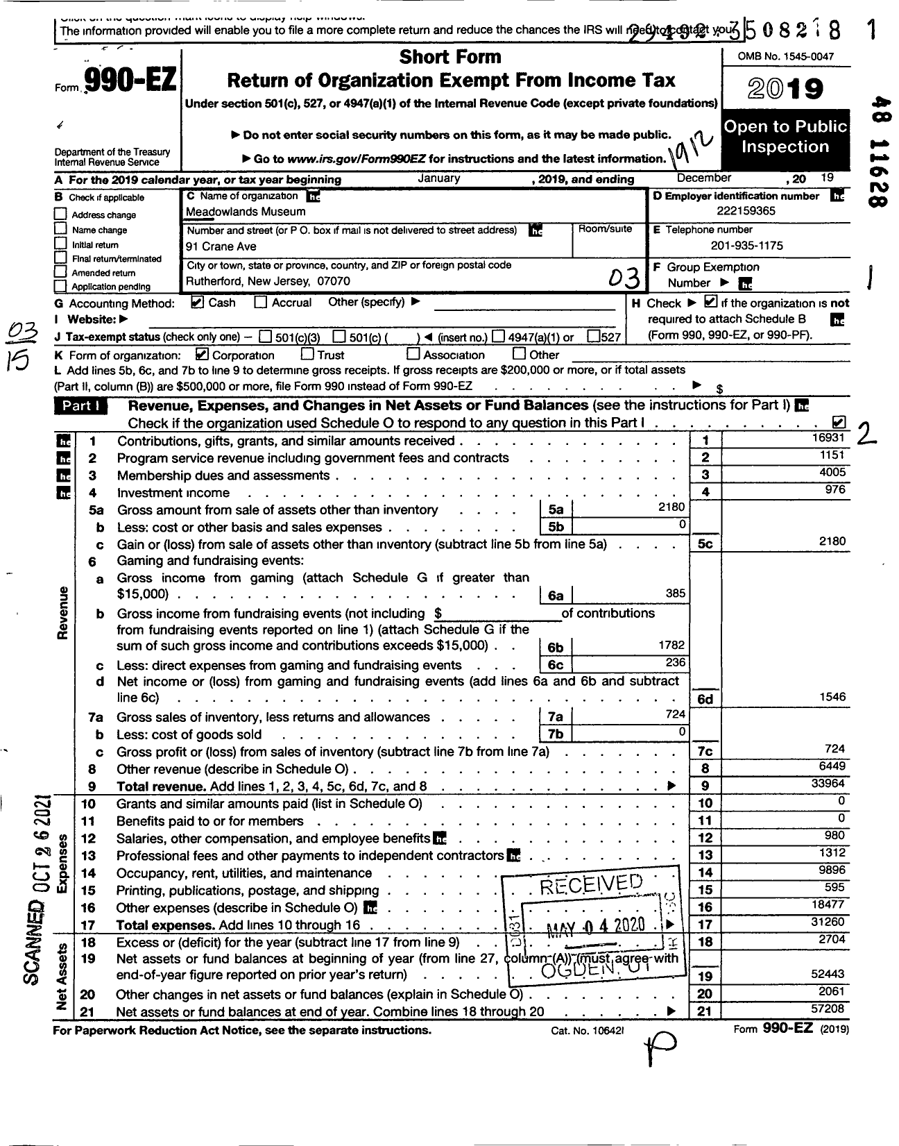 Image of first page of 2019 Form 990EZ for Meadowlands Museum