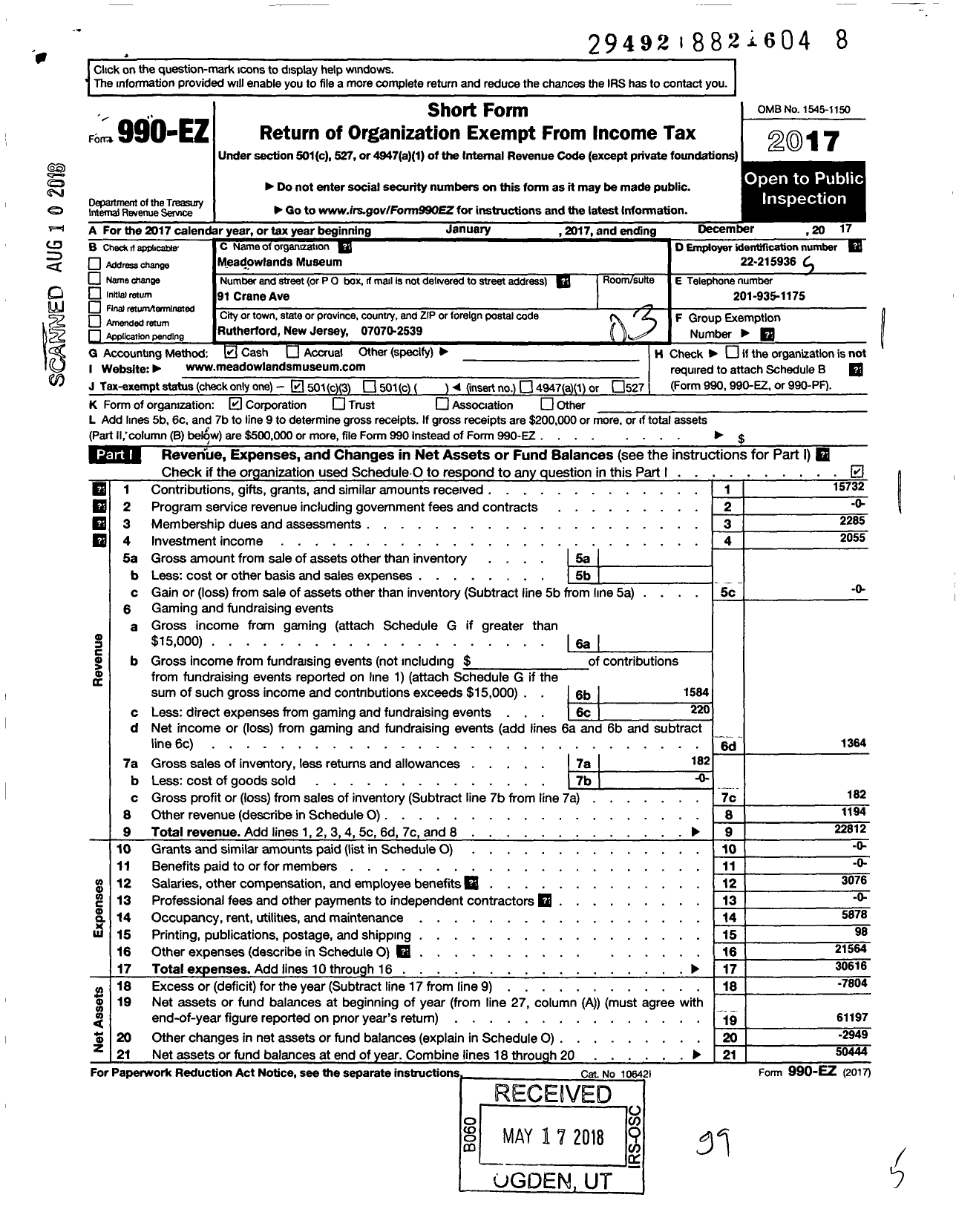 Image of first page of 2017 Form 990EZ for Meadowlands Museum