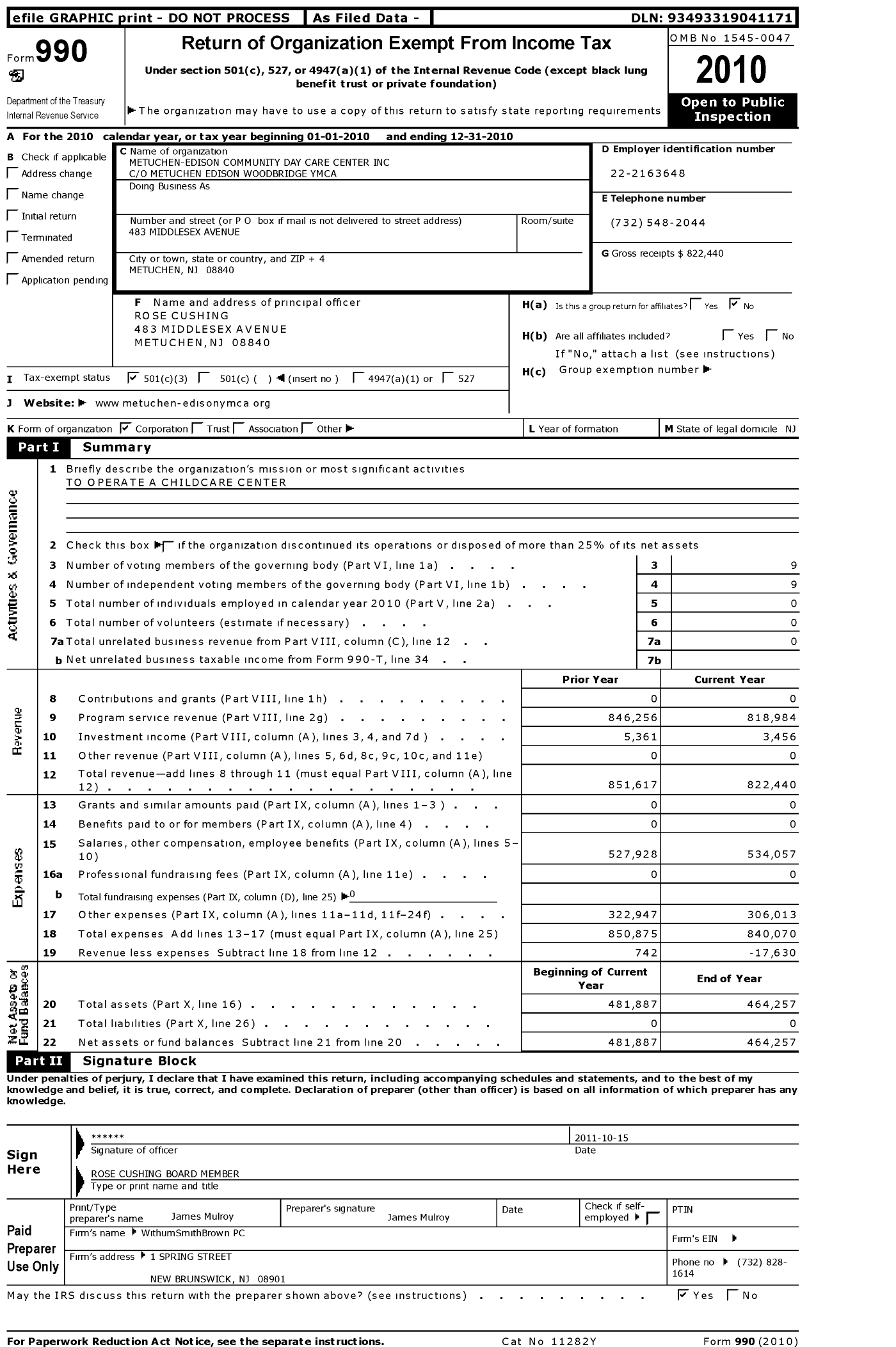 Image of first page of 2010 Form 990 for Metuchen-Edison Community Day Care Center