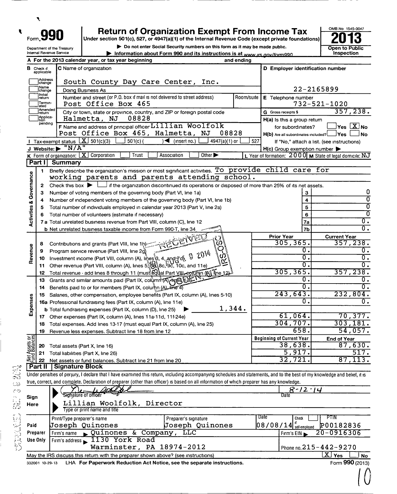 Image of first page of 2013 Form 990 for South County Day Care Center