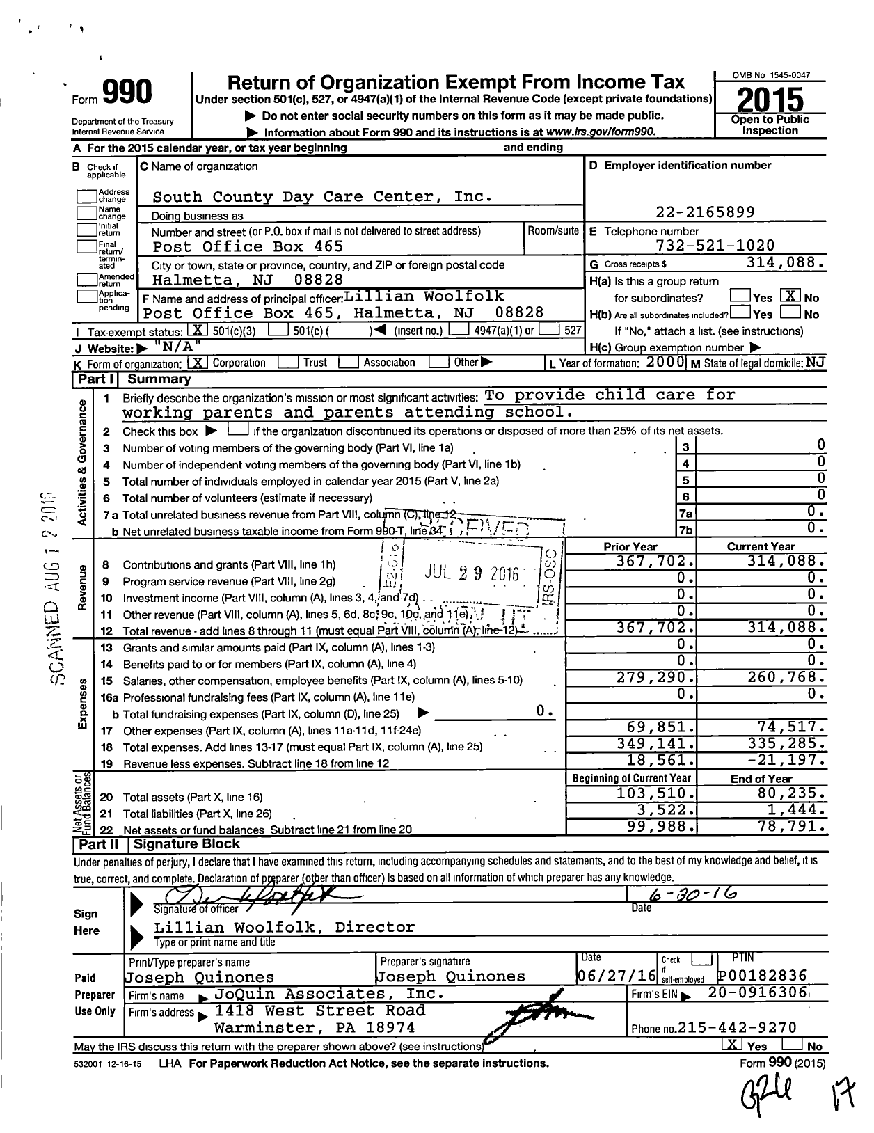 Image of first page of 2015 Form 990 for South County Day Care Center