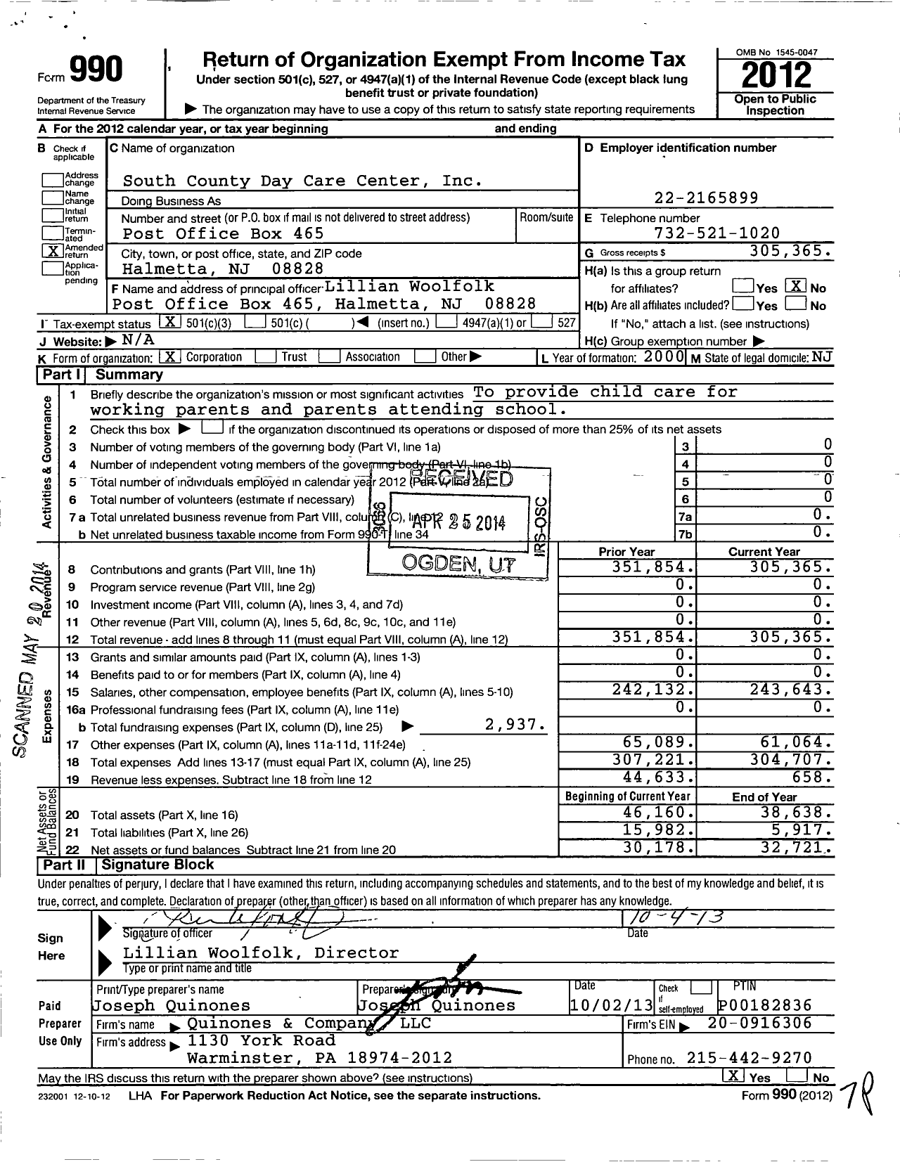 Image of first page of 2012 Form 990 for South County Day Care Center