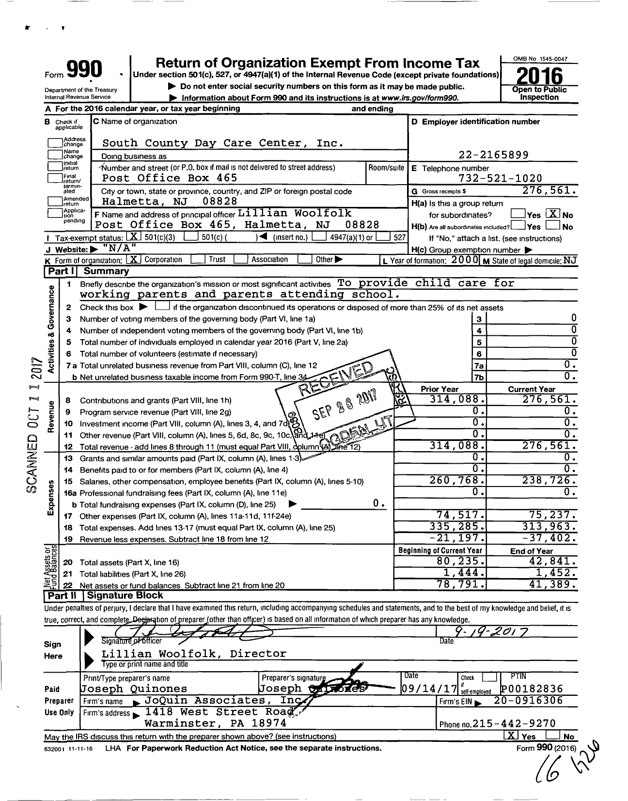 Image of first page of 2016 Form 990 for South County Day Care Center