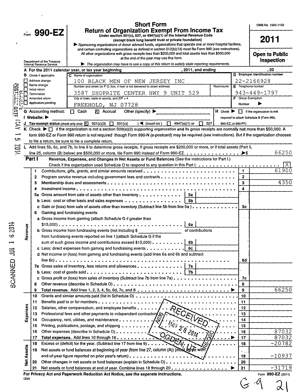 Image of first page of 2011 Form 990EZ for 100 Black Men of New Jersey