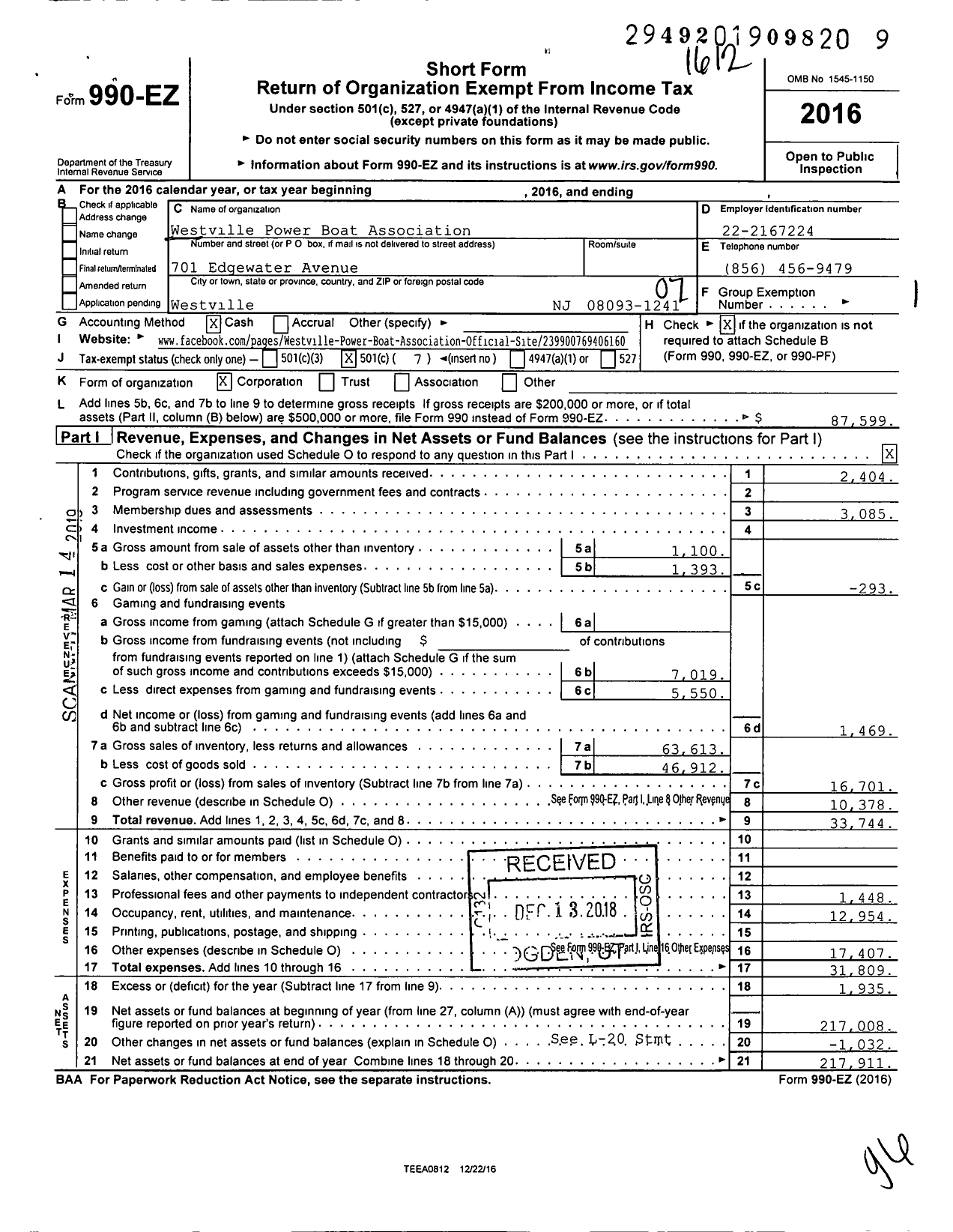 Image of first page of 2016 Form 990EO for Westville Power Boat Association Westville Power Boat Association