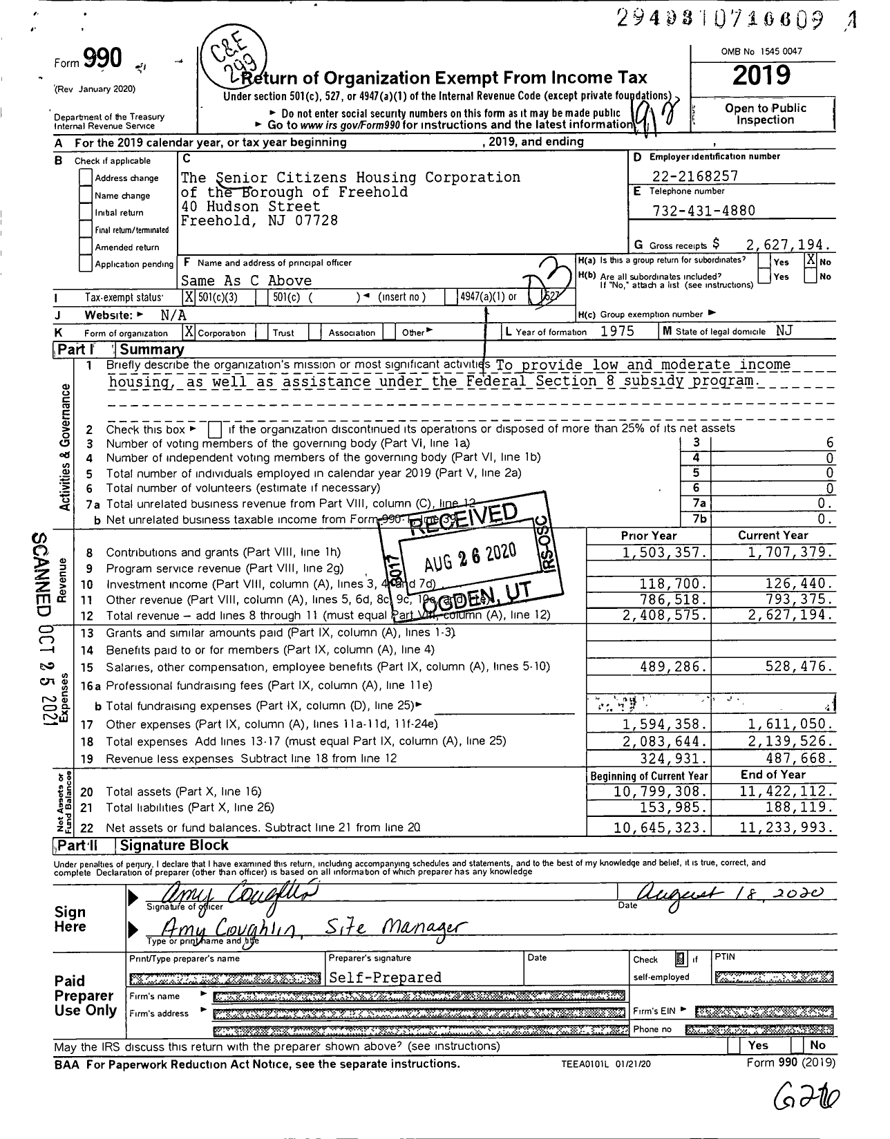Image of first page of 2019 Form 990 for Senior Citizens Housing Corporation of the Borough of Freehold
