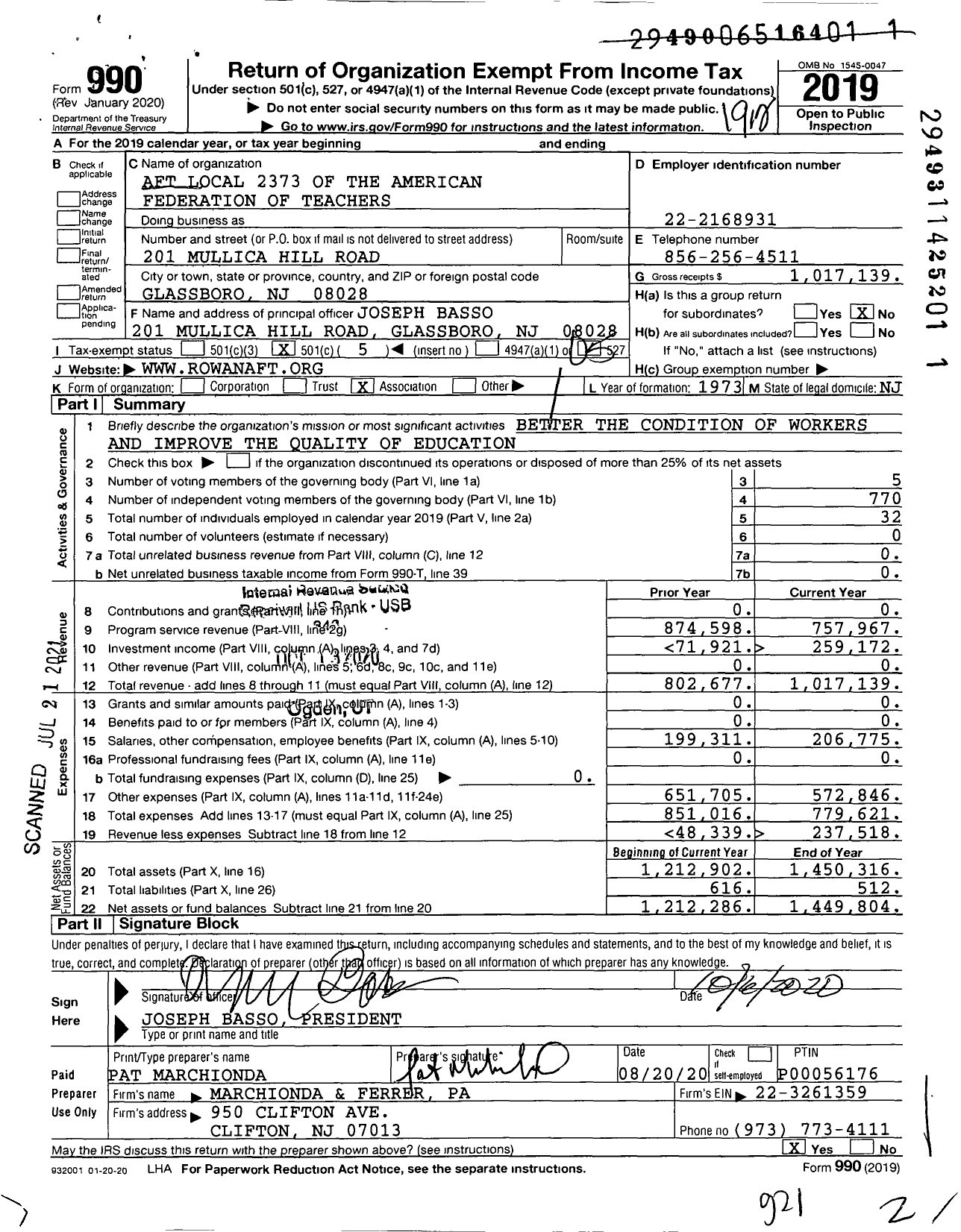 Image of first page of 2019 Form 990O for American Federation of Teachers - 2373 Rowan University Aft Local