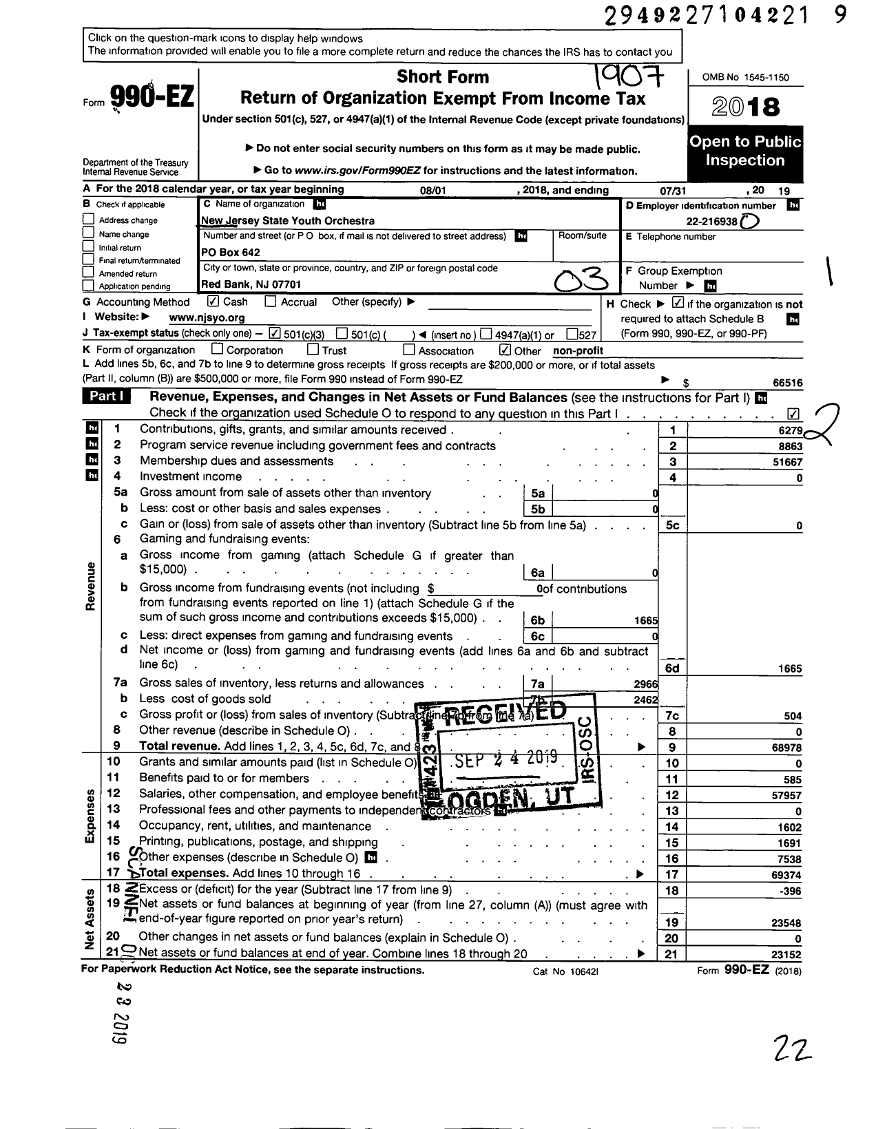 Image of first page of 2018 Form 990EZ for New Jersey State Youth Orchestra