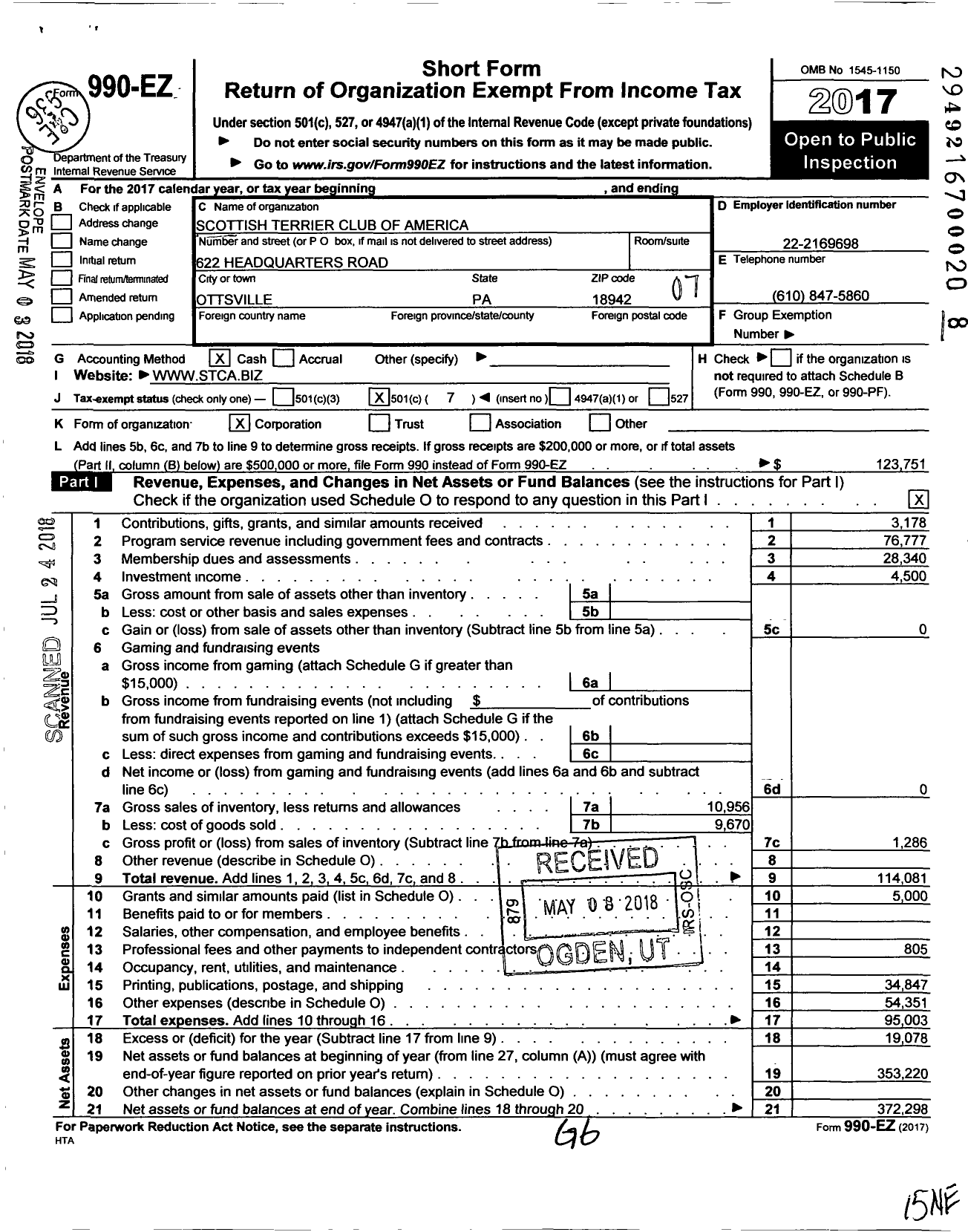 Image of first page of 2017 Form 990EO for Scottish Terrier Club of America