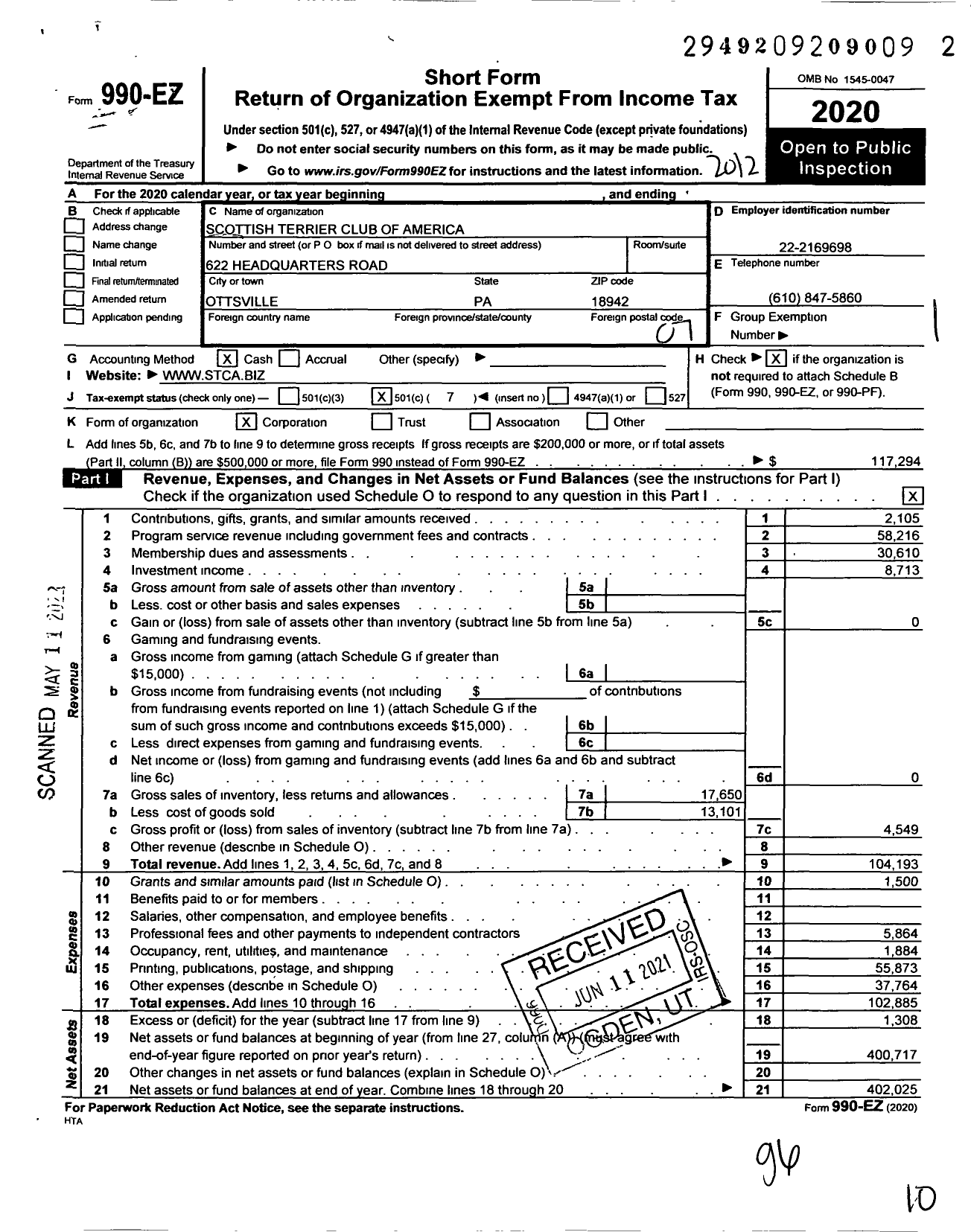 Image of first page of 2020 Form 990EO for Scottish Terrier Club of America