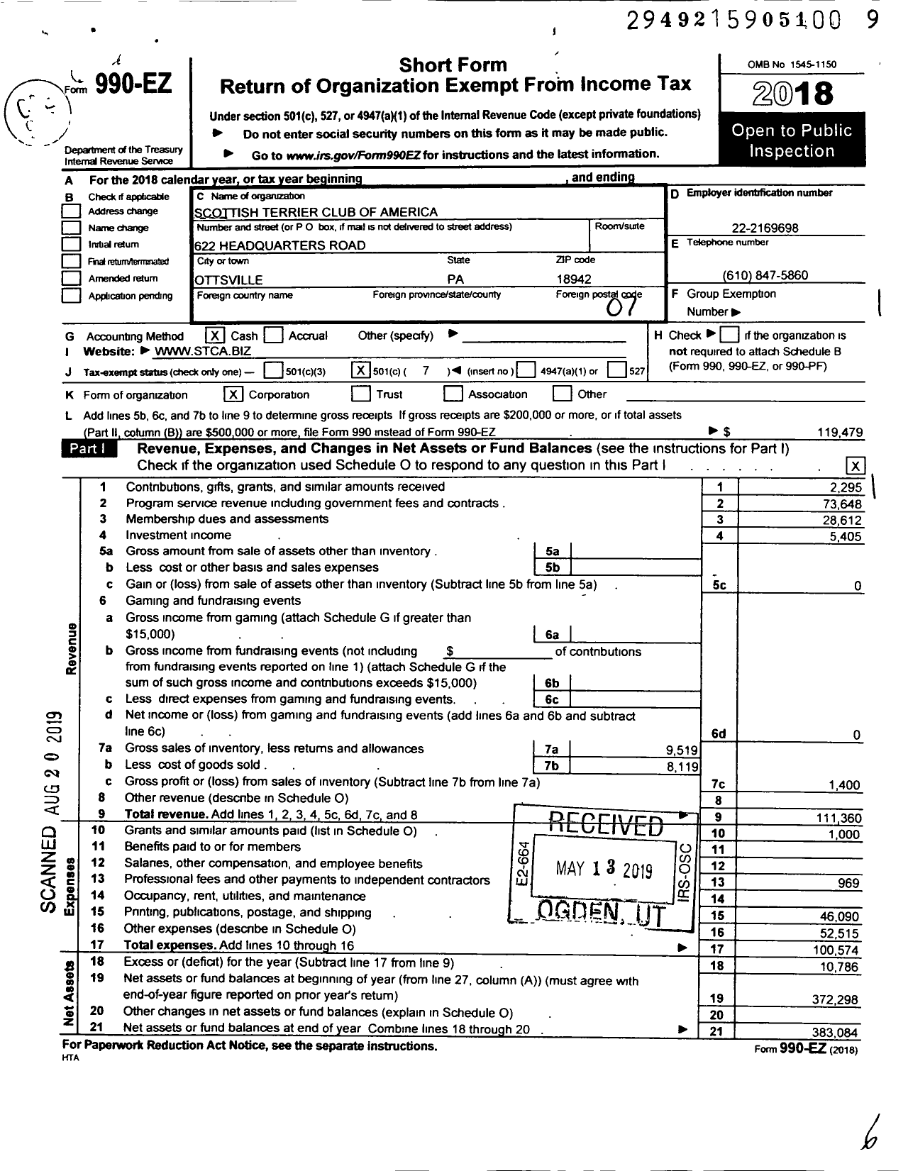 Image of first page of 2018 Form 990EO for Scottish Terrier Club of America