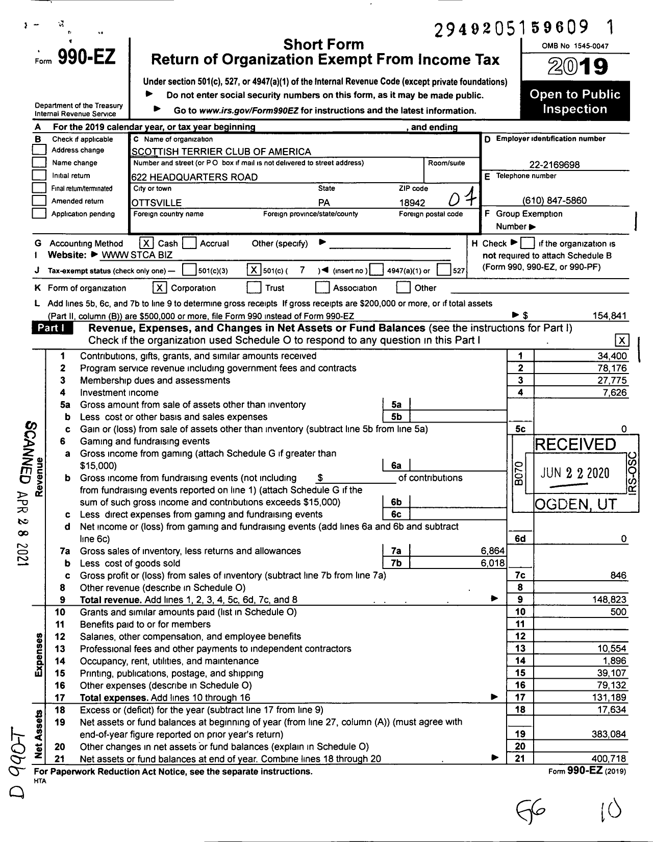 Image of first page of 2019 Form 990EO for Scottish Terrier Club of America