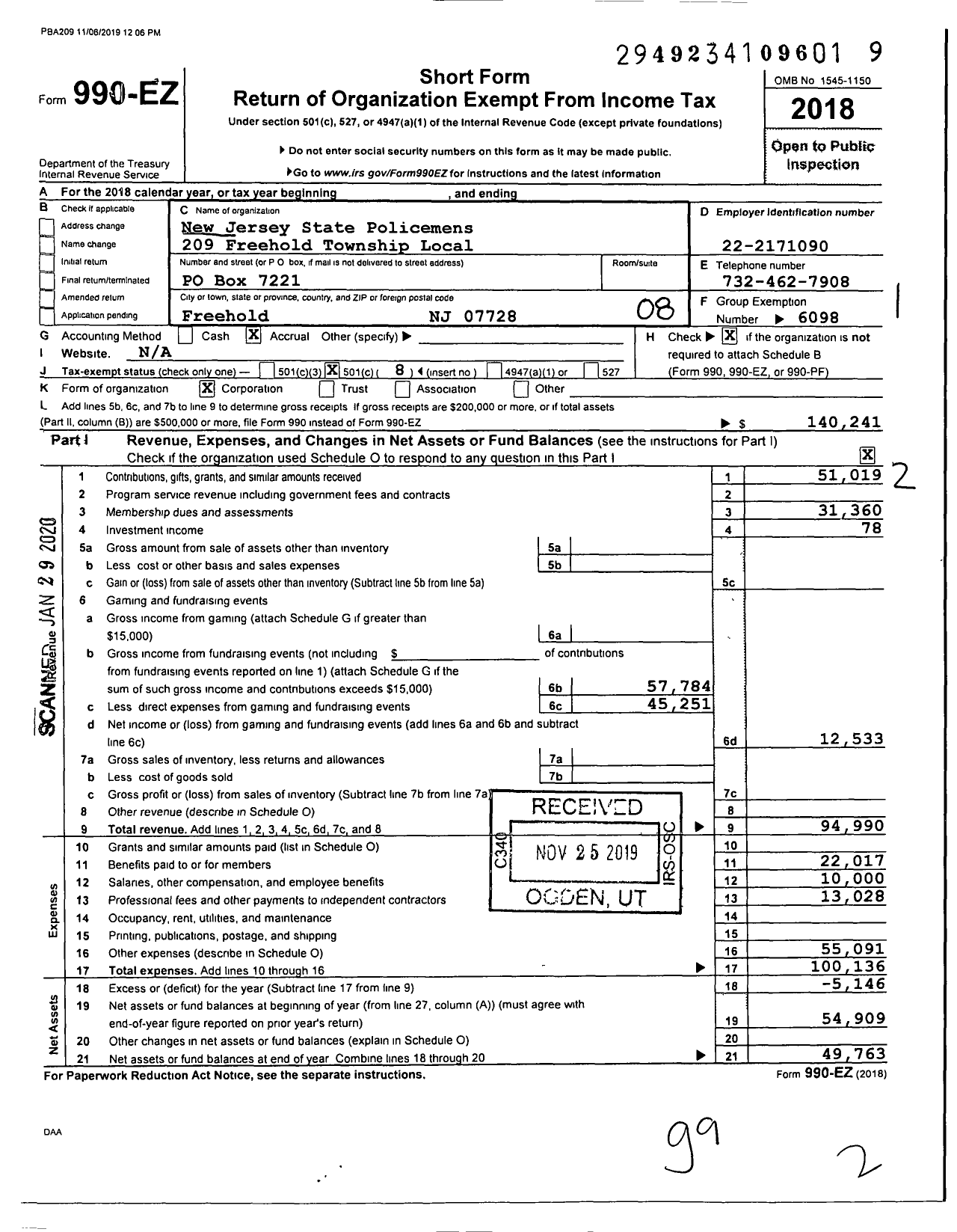 Image of first page of 2018 Form 990EO for NJ State Patrolmen's Benevolent Association - 209 Freehold Township Local