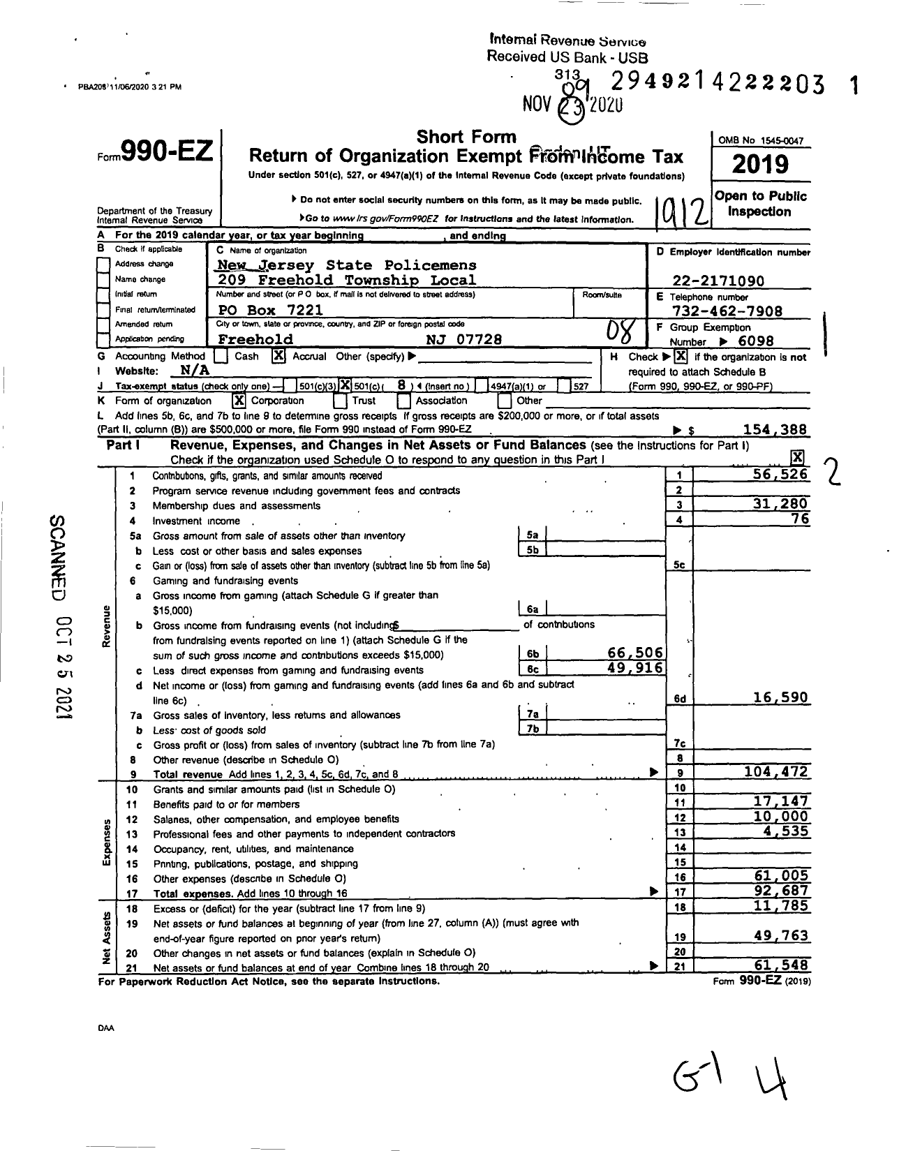 Image of first page of 2019 Form 990EO for NJ State Patrolmen's Benevolent Association - 209 Freehold Township Local