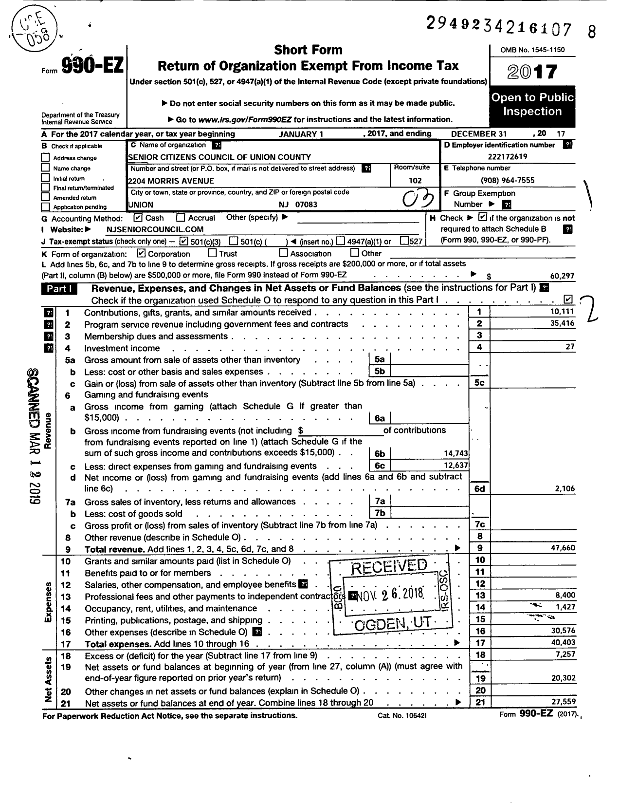 Image of first page of 2017 Form 990EZ for Senior Citizens Council of Union