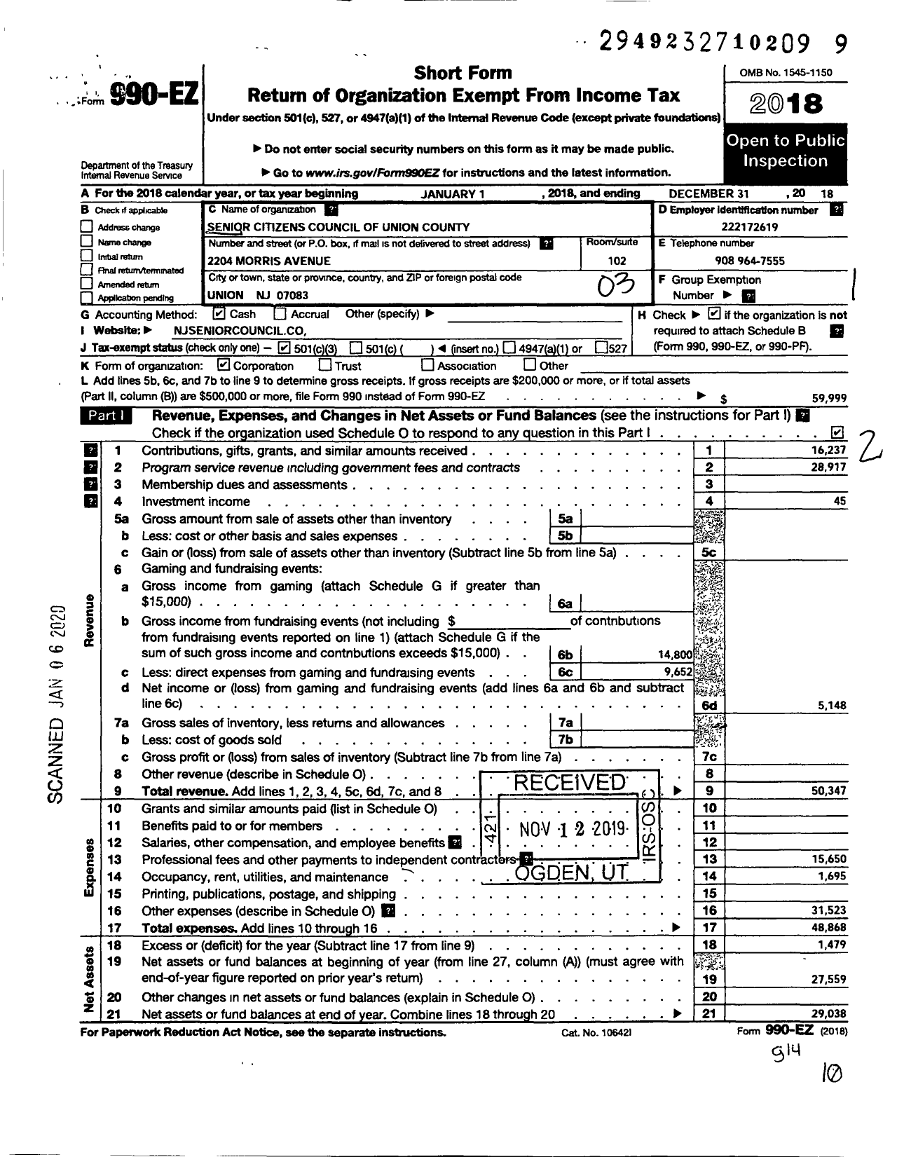 Image of first page of 2018 Form 990EZ for Senior Citizens Council of Union