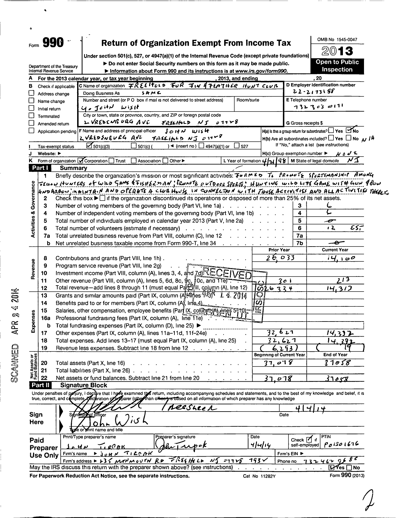 Image of first page of 2013 Form 990 for Freehold Fin Fur and Feather Sportsmen's Club