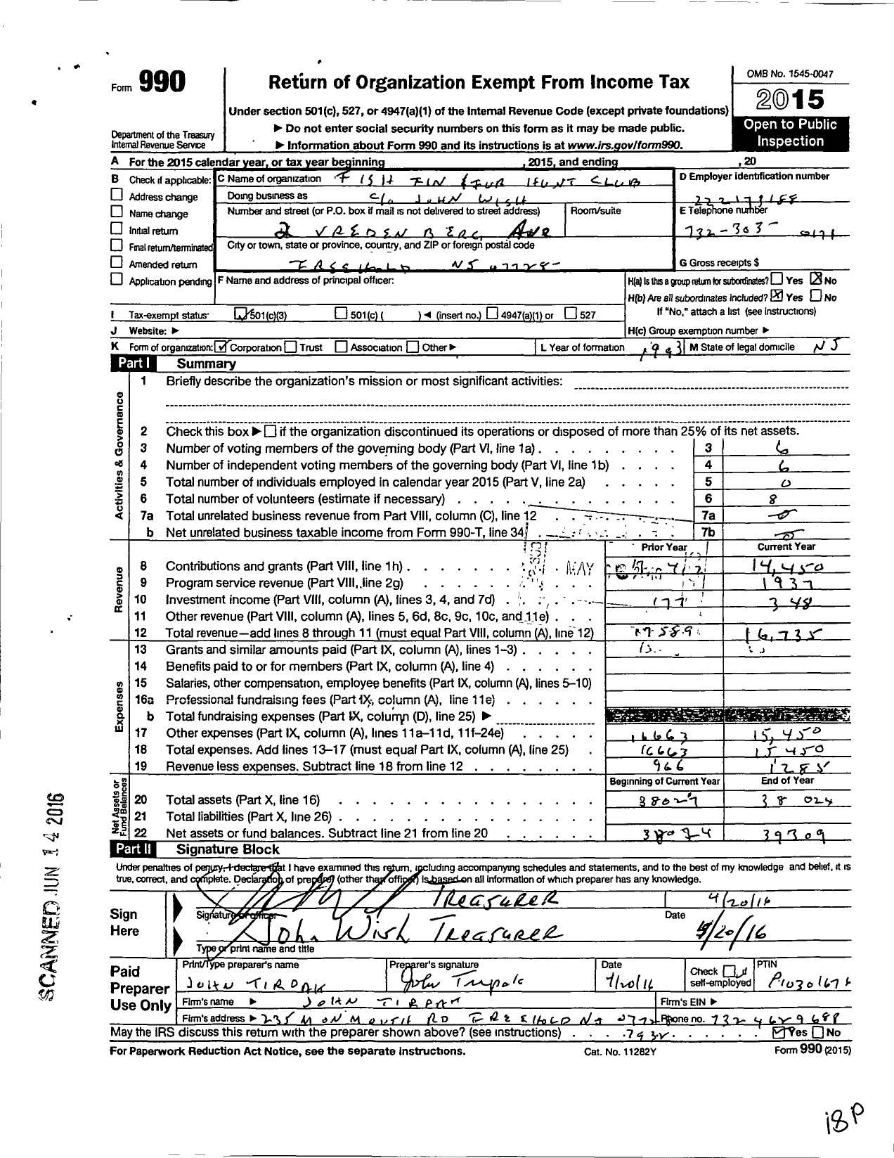 Image of first page of 2015 Form 990 for Freehold Fin Fur and Feather Sportsmen's Club