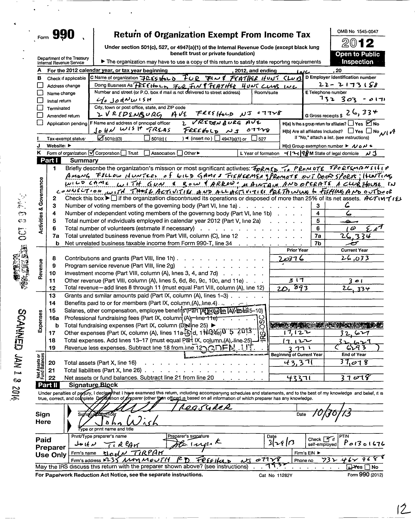 Image of first page of 2012 Form 990 for Freehold Fin Fur and Feather Sportsmen's Club