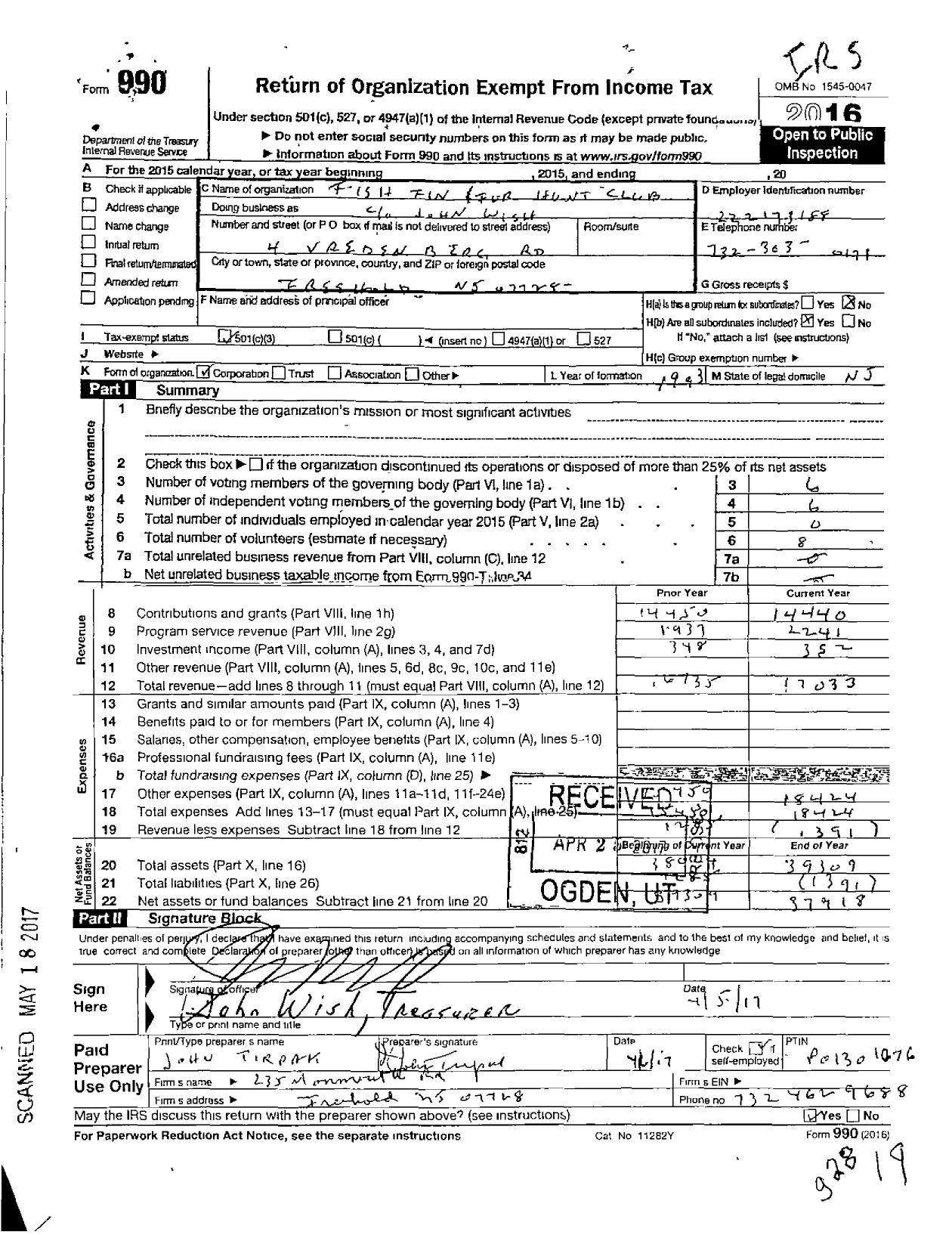 Image of first page of 2016 Form 990 for Freehold Fin Fur and Feather Sportsmen's Club