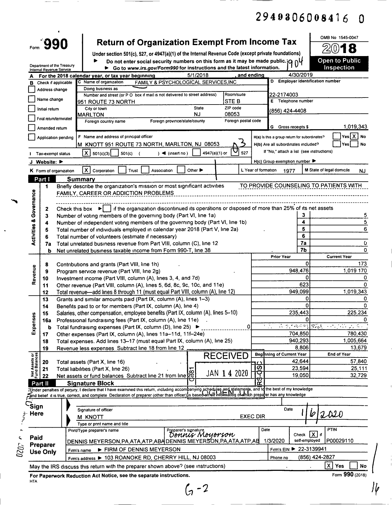 Image of first page of 2018 Form 990 for Family and Psychological Services