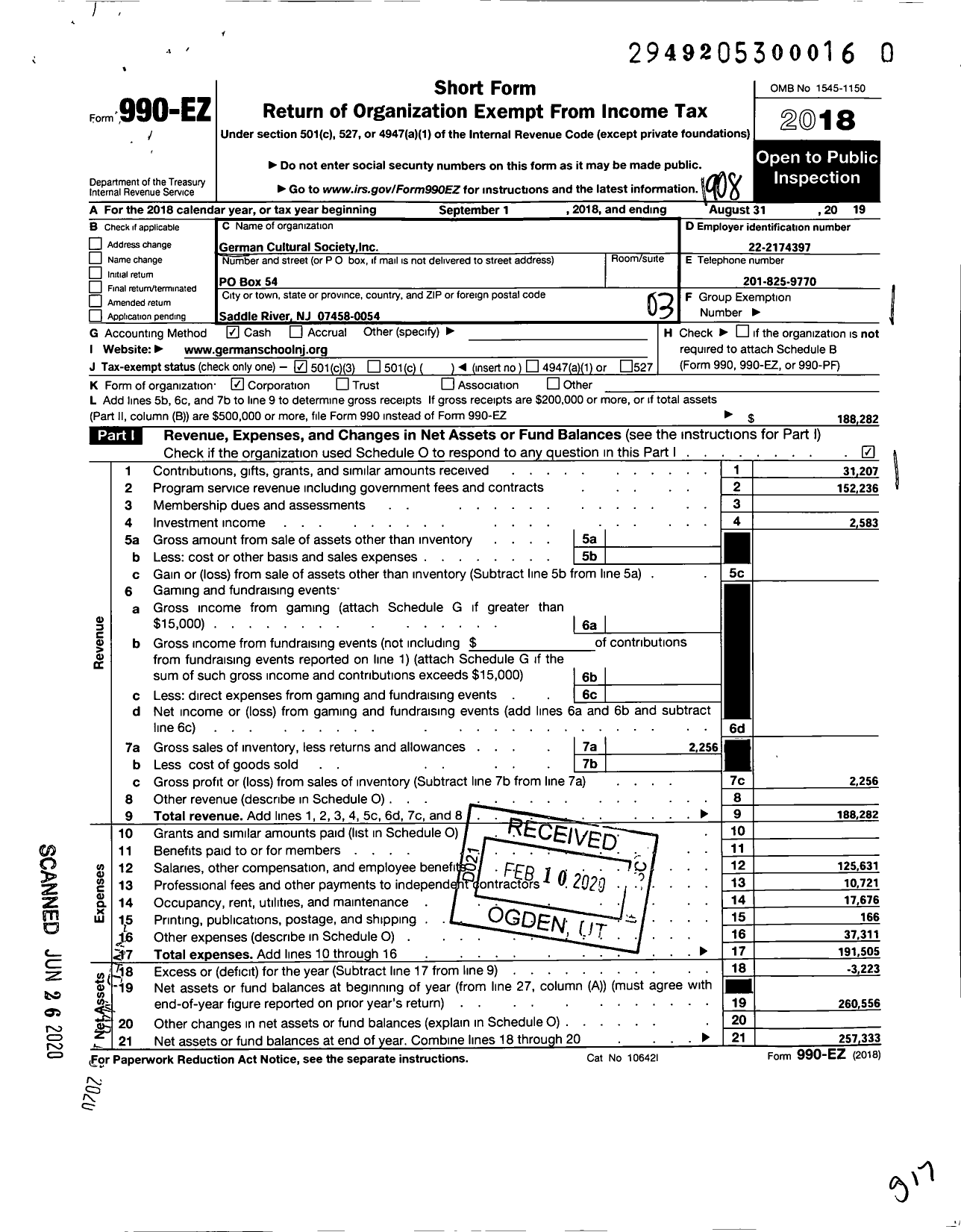 Image of first page of 2018 Form 990EZ for German Cultural Society Inc German Language School Westwood