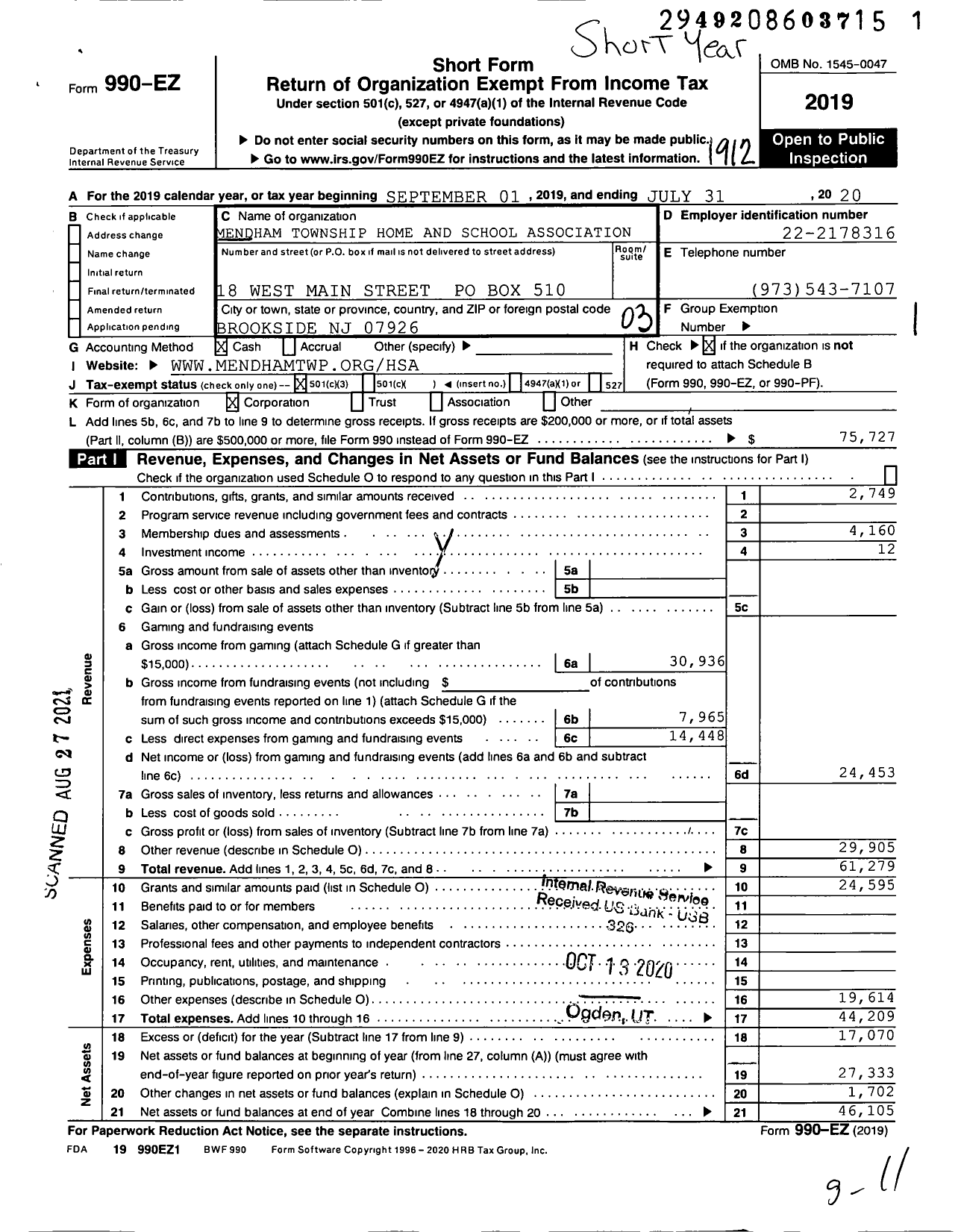 Image of first page of 2019 Form 990EZ for Mendham Township Home and School Association