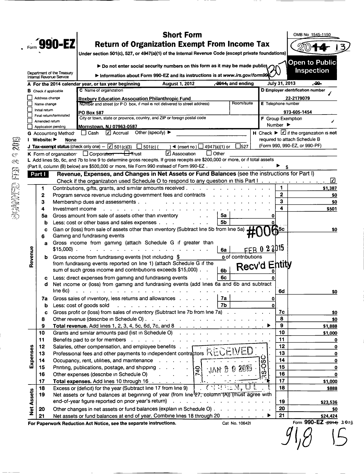 Image of first page of 2012 Form 990EZ for Roxbury Education Association Philanthropic Fund