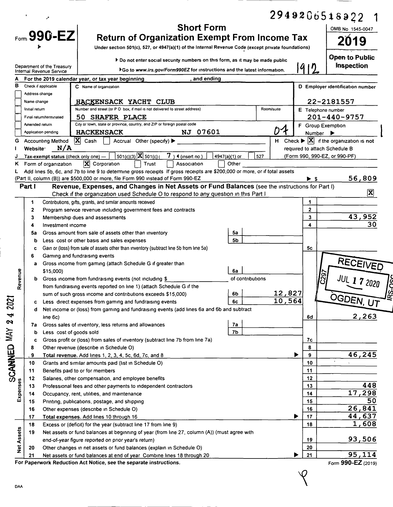 Image of first page of 2019 Form 990EO for Hackensack Yacht Club