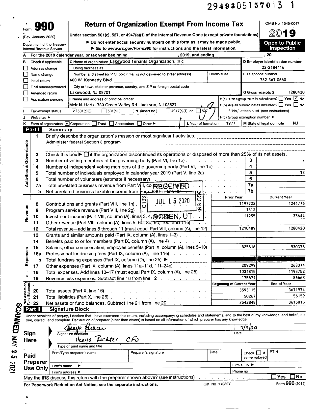 Image of first page of 2019 Form 990 for Lakewood Tenants Organization