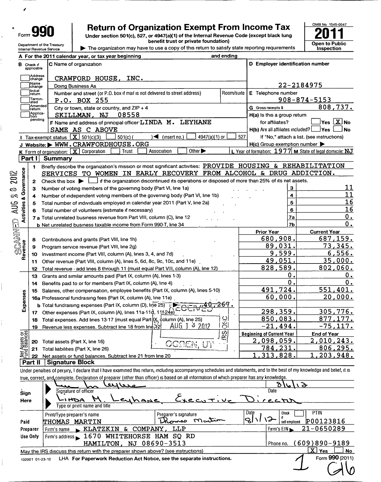 Image of first page of 2011 Form 990 for Crawford House