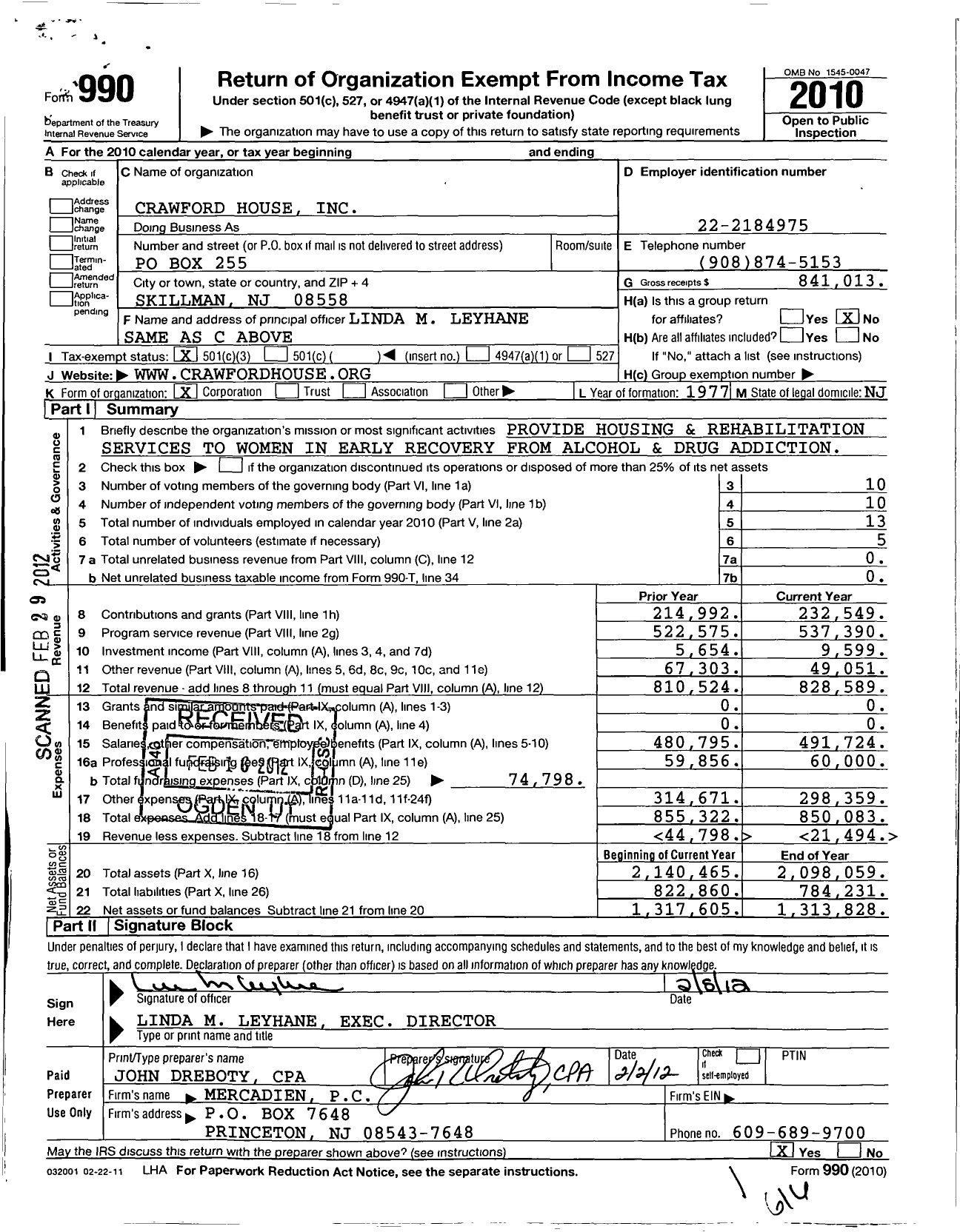 Image of first page of 2010 Form 990 for Crawford House