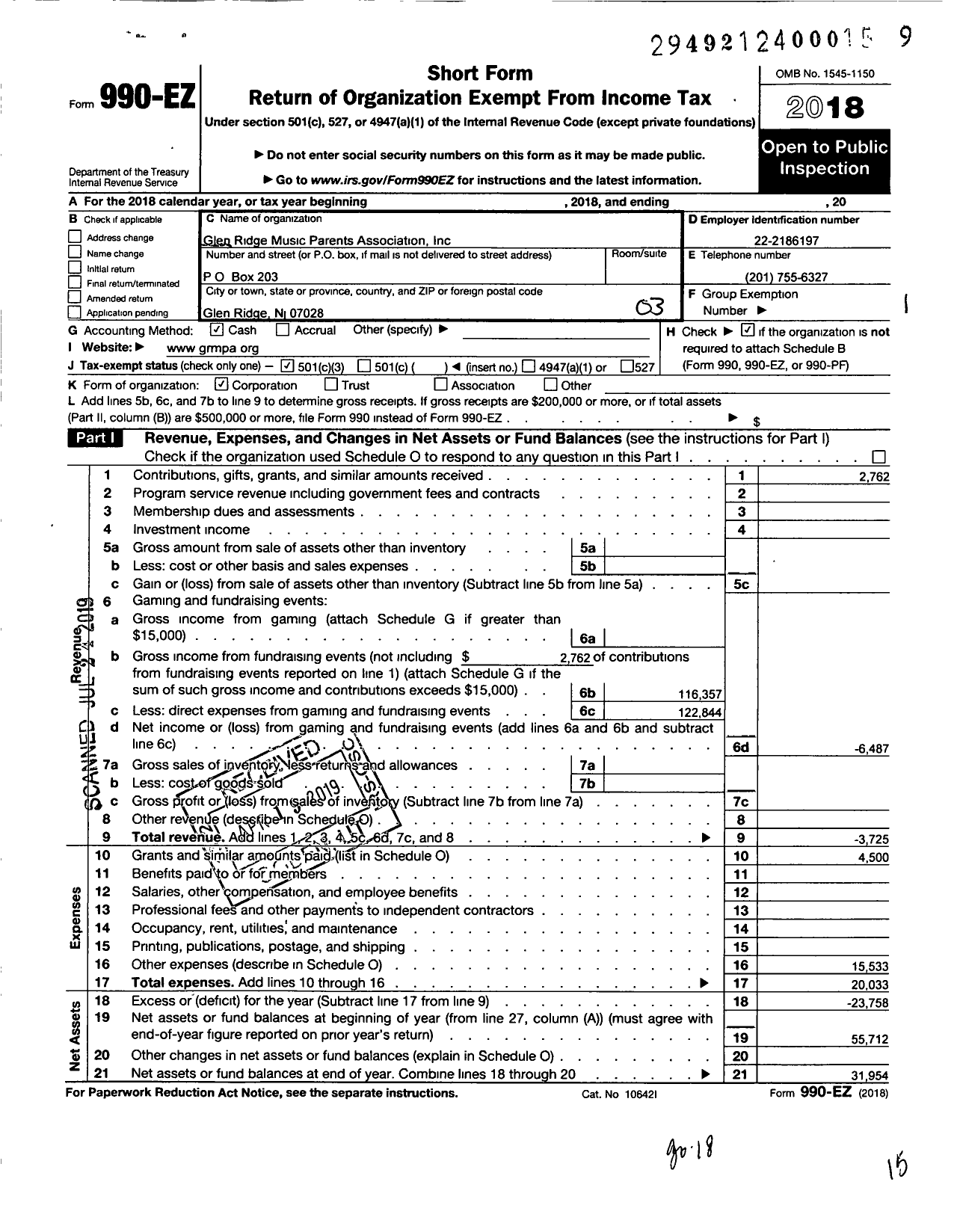 Image of first page of 2018 Form 990EZ for The Glen Ridge Music Parents Association