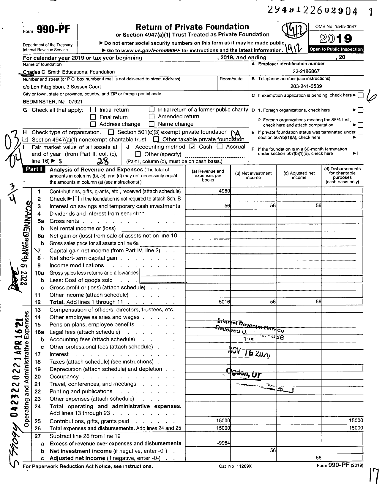 Image of first page of 2019 Form 990PF for Charles C Smith Educational Foundation