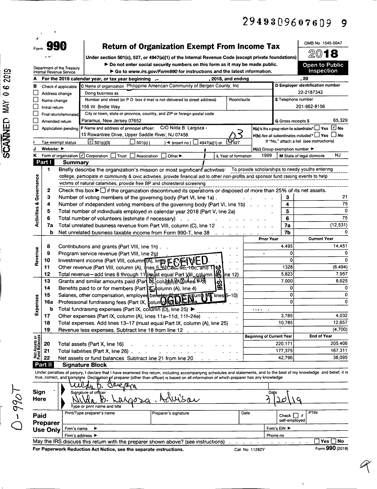 Image of first page of 2018 Form 990 for Philippine American Community of Bergen County