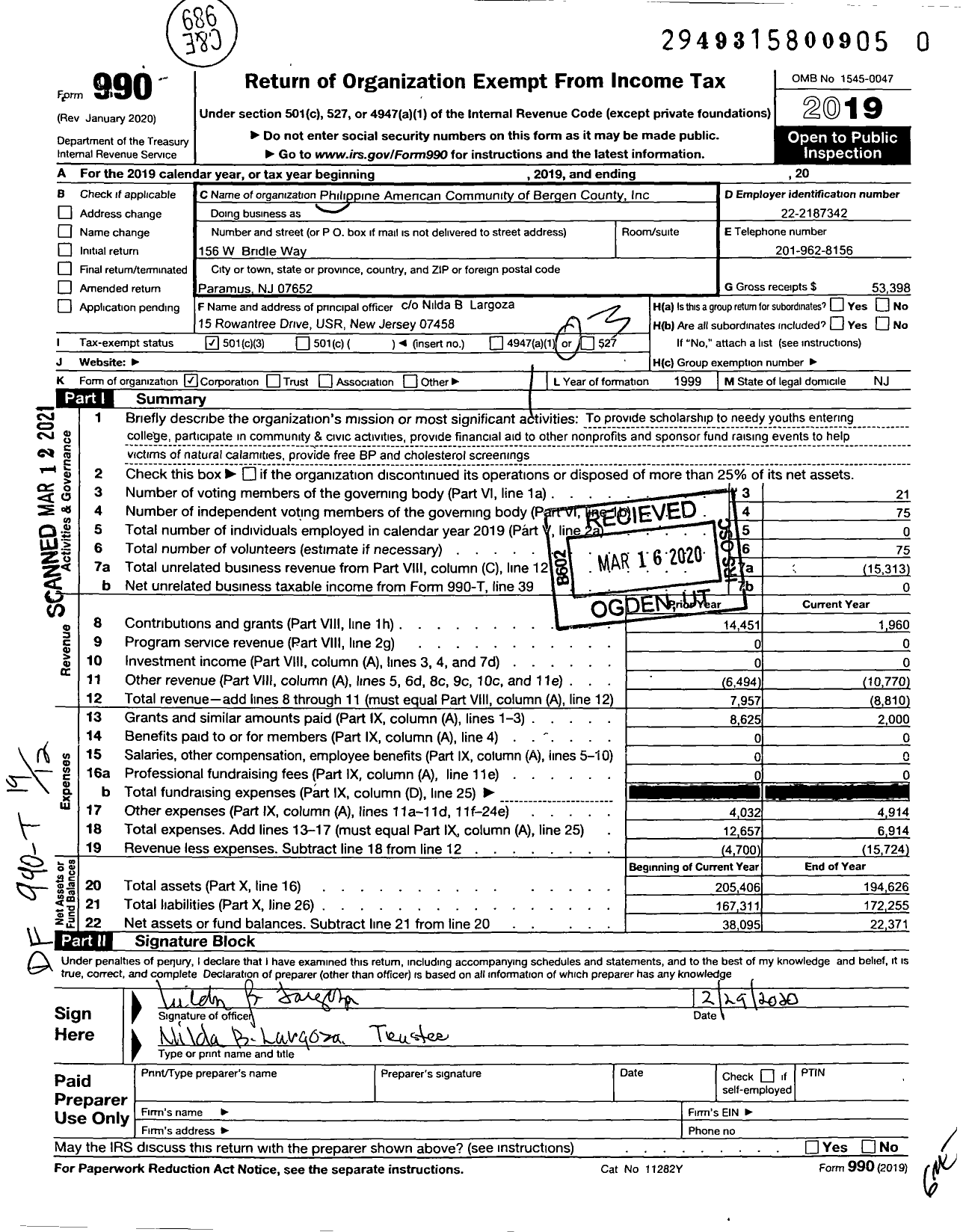 Image of first page of 2019 Form 990 for Philippine American Community of Bergen County