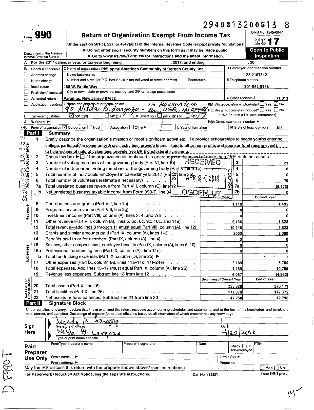 Image of first page of 2017 Form 990 for Philippine American Community of Bergen County