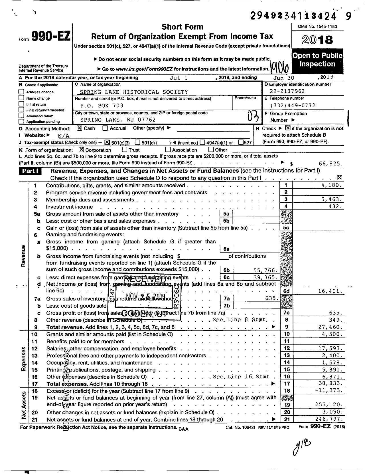 Image of first page of 2018 Form 990EZ for Spring Lake Historical Society