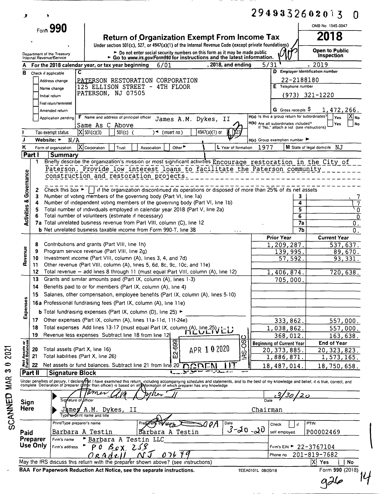 Image of first page of 2018 Form 990 for Paterson Restoration Corporation