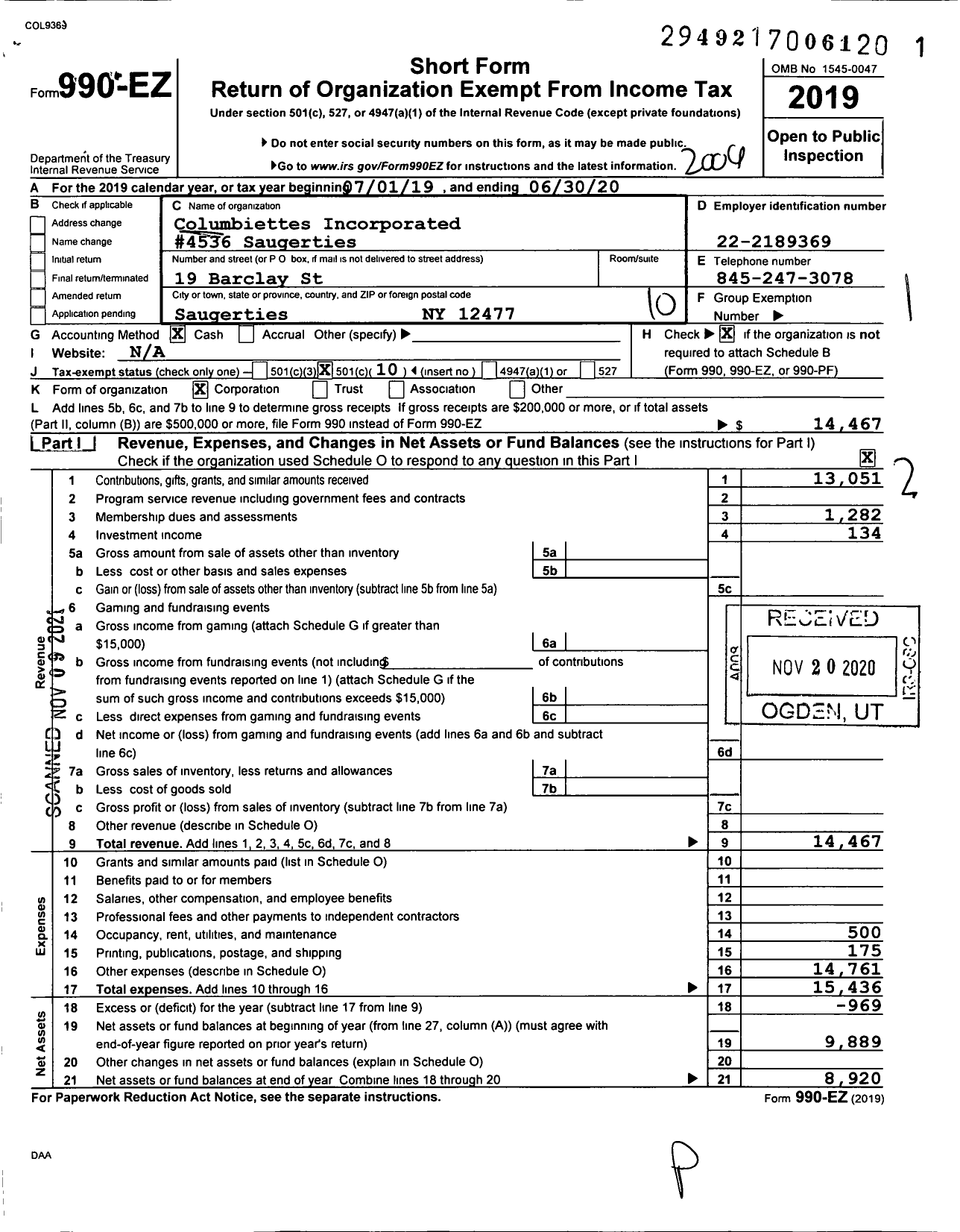 Image of first page of 2019 Form 990EO for Columbiettes - 4536 Saugerties