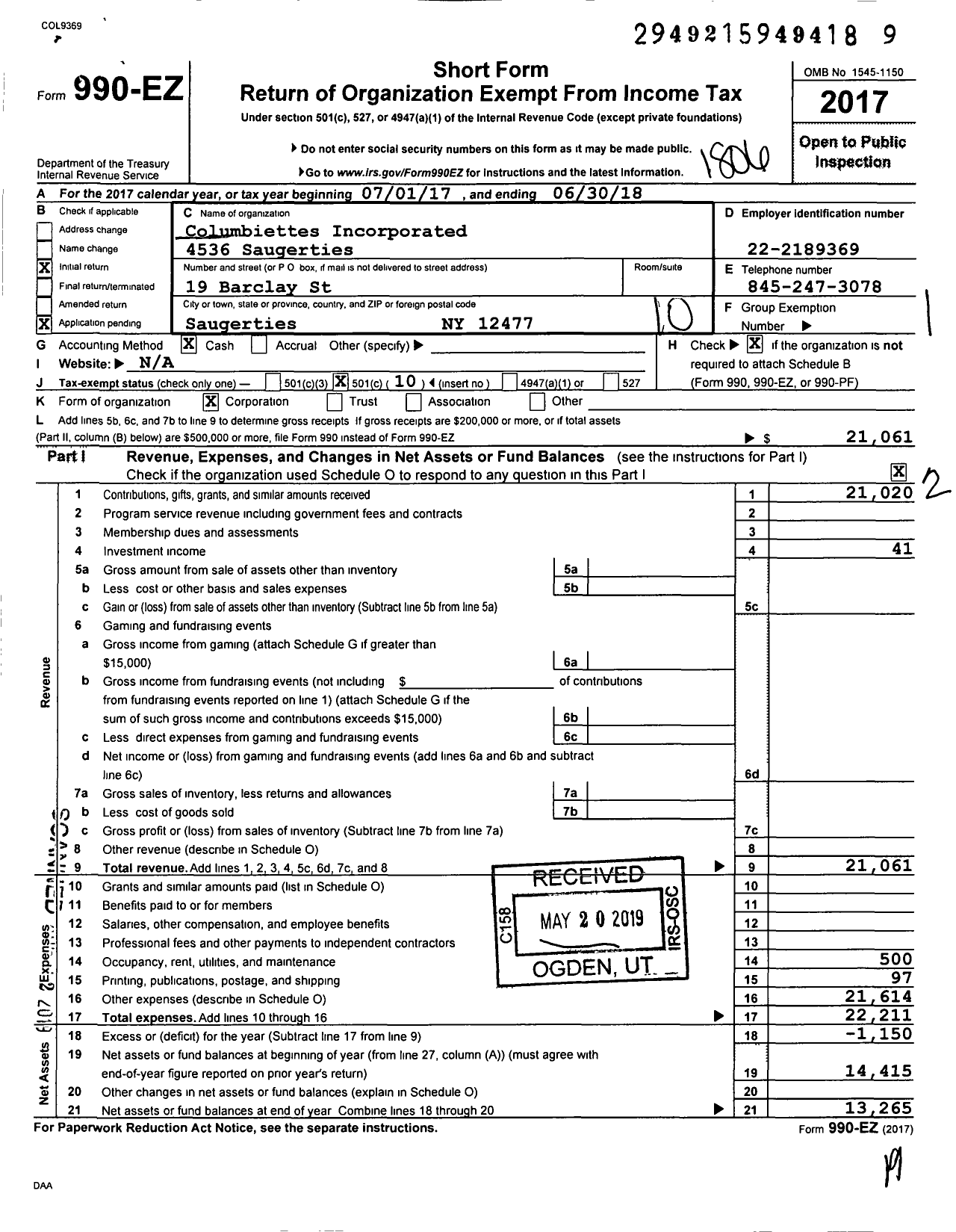 Image of first page of 2017 Form 990EO for Columbiettes - 4536 Saugerties