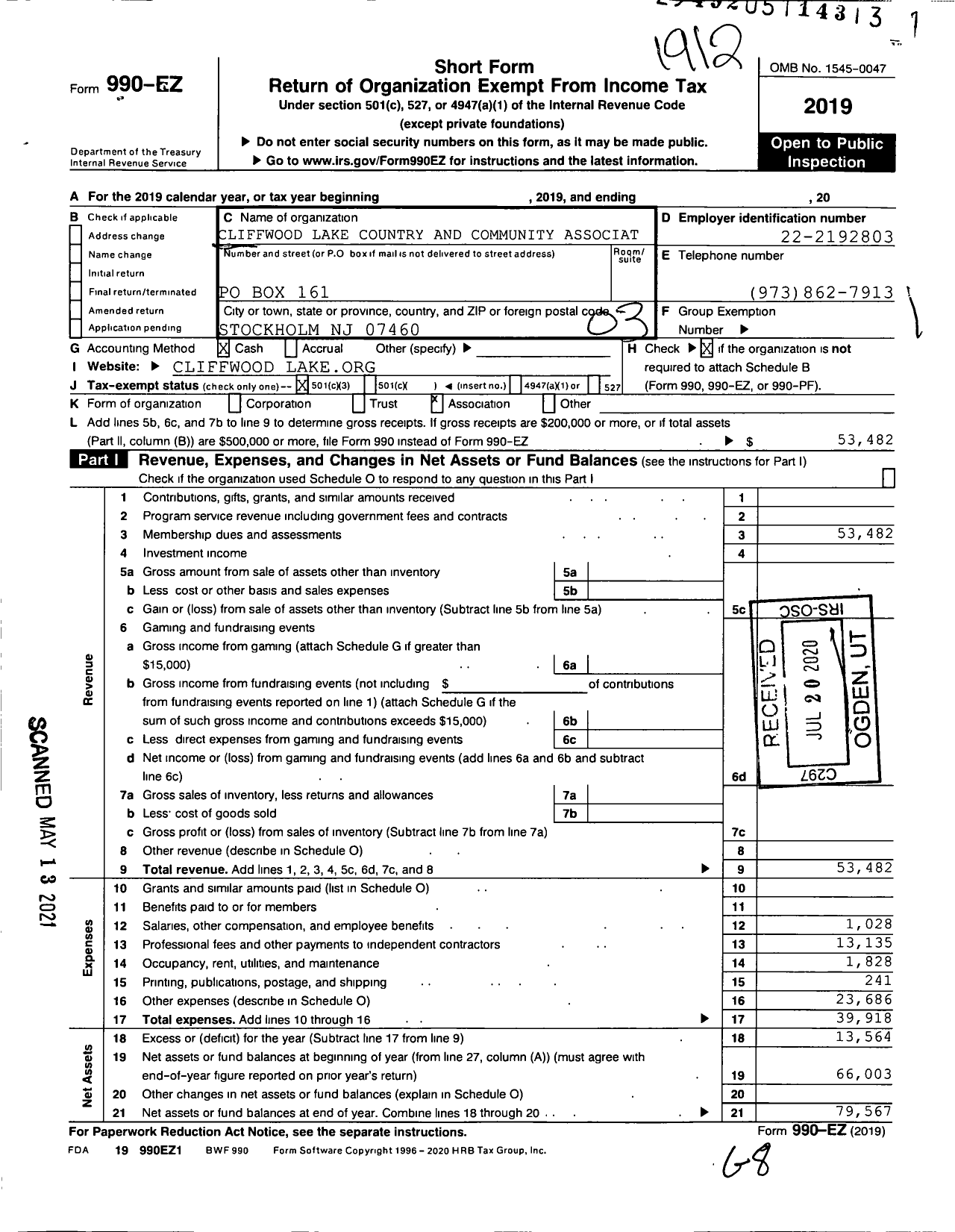 Image of first page of 2019 Form 990EZ for Cliffwood Lake Country and Community Associat